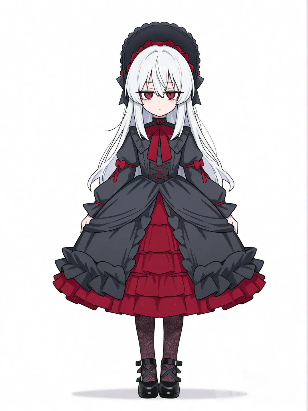 [toon-shaded-style] 1boy, 1girl, vampire, short white hair, long white hair, black lolita dress, red lace, couple, full body, looking at viewer, anime style, simple background, white background