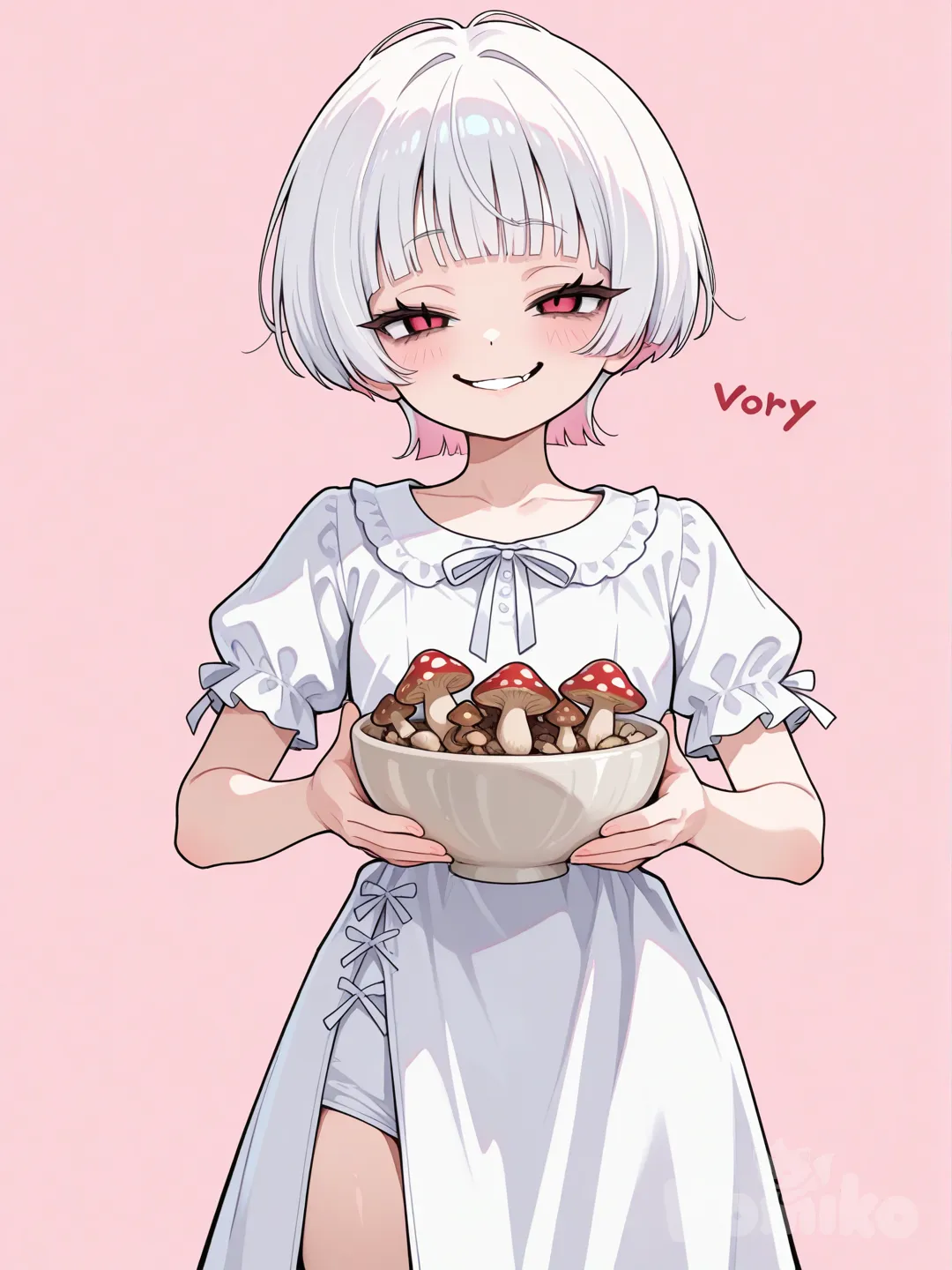 1girl, kawaii, evil smile, mushroom cut, ivory white white one peice with slit in front