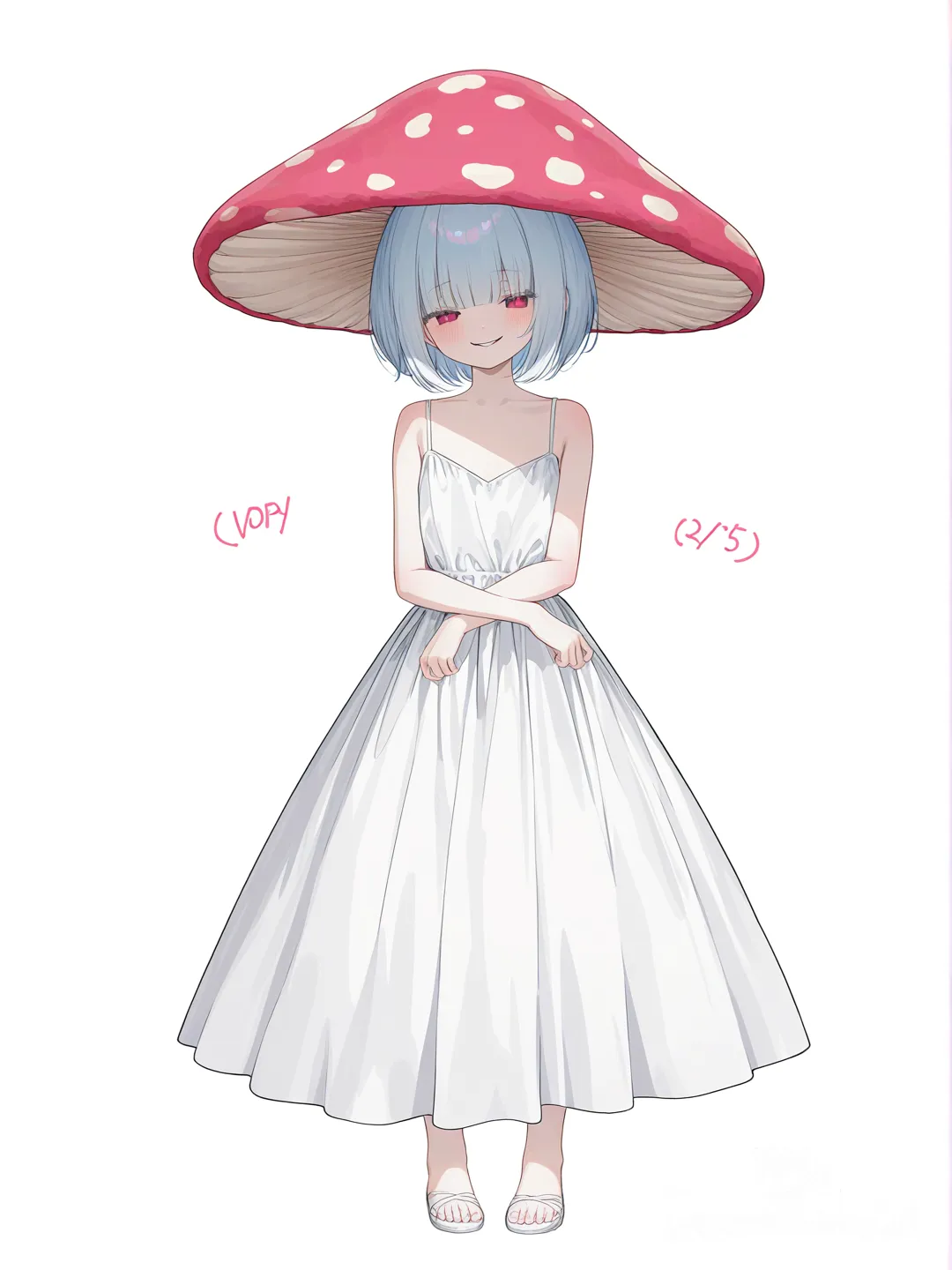 [soft-pastel-style] 1girl, kawaii, evil smile, mushroom haircut, ivory white one-piece dress, solo, full body, looking at viewer, anime style, simple background, white background