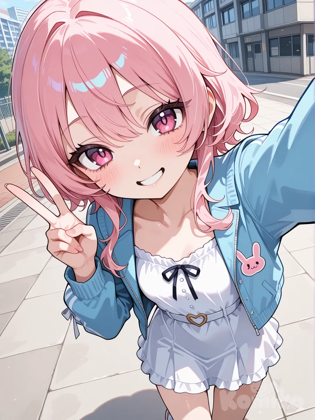 1girl girly happy short white dress pink hair skinny small boobs 18 harajuku college in background cute girly pose none sexual pose, closeup, smile selfie , v sign blue jacket