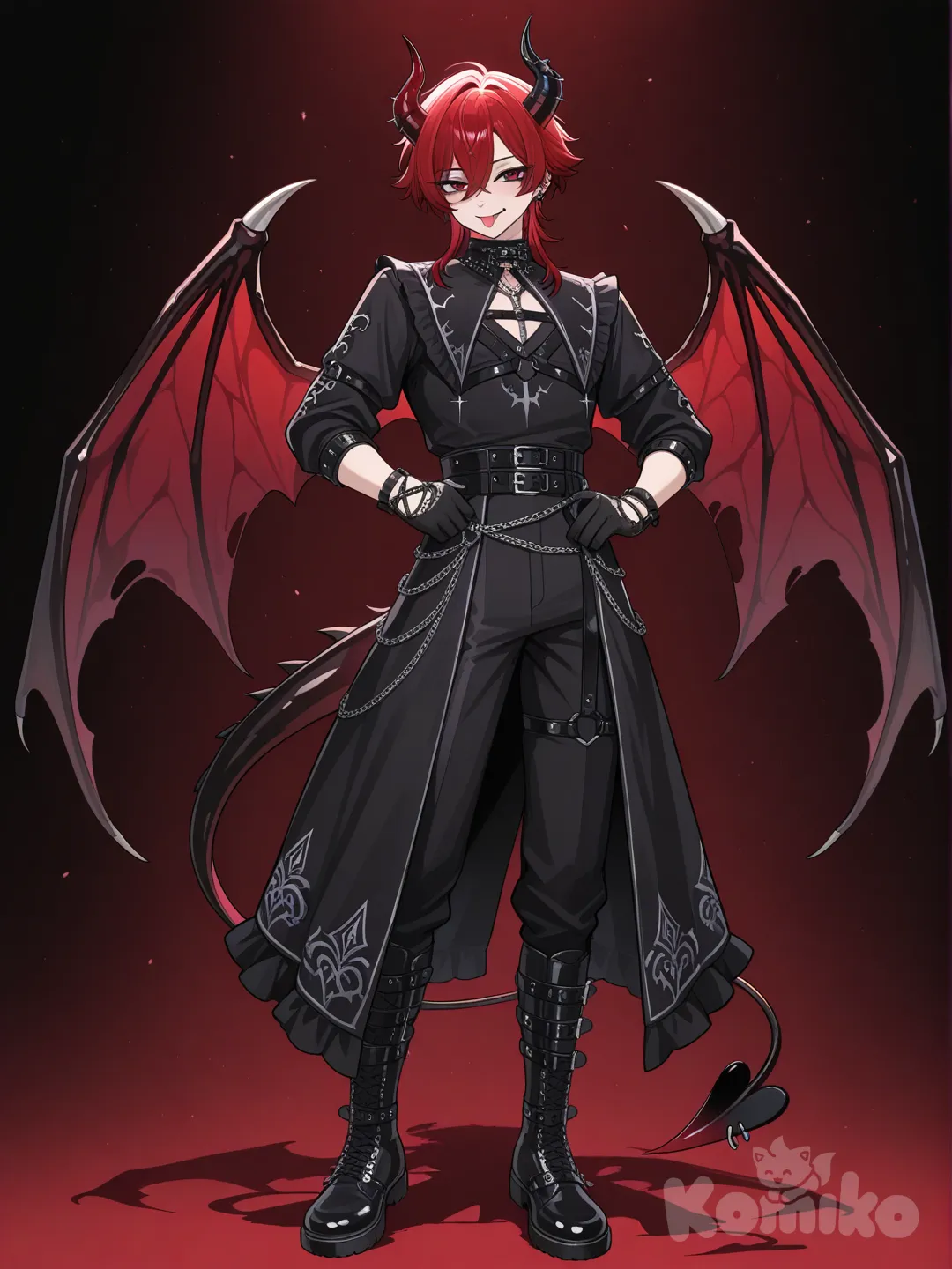 Male bad boy playful in a rebellious i can do whatever I want short red hair goth black gloves with buckles red eyes dragon wings demon tail full body sticking out his tongue black eyeliner