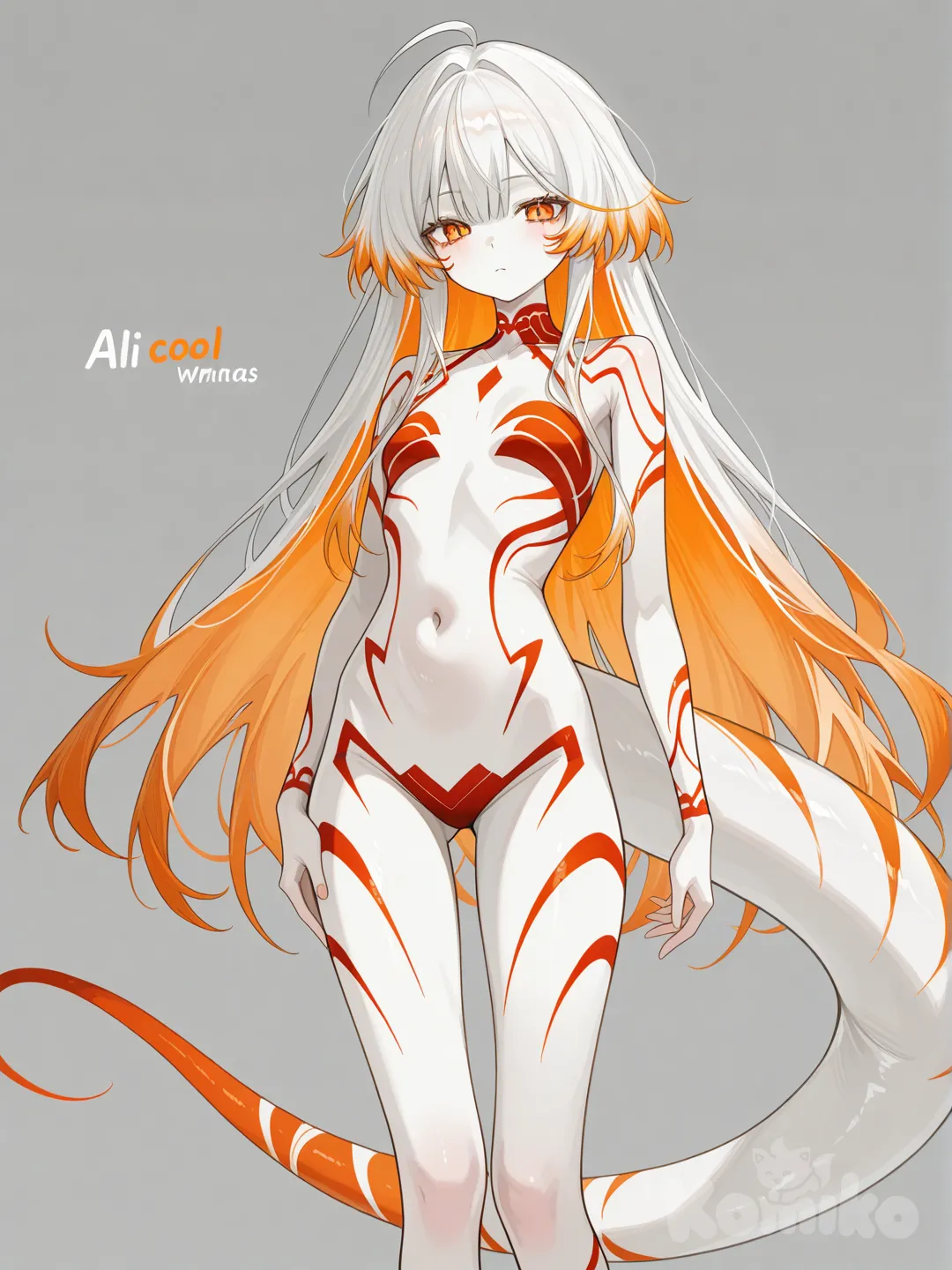 Ailien long white hair with orange highlights orange eyes red markings pale pinkish white skin annetannas long tail red markings revealing futuristic one peice with a cool flying confident pose and a cool background skinny