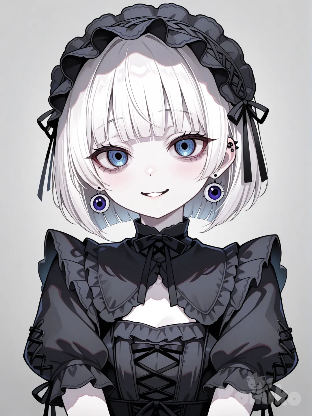 1girl pale skin short white hair creepy cute outfit eyeball earings and headband kawaii gurokawa