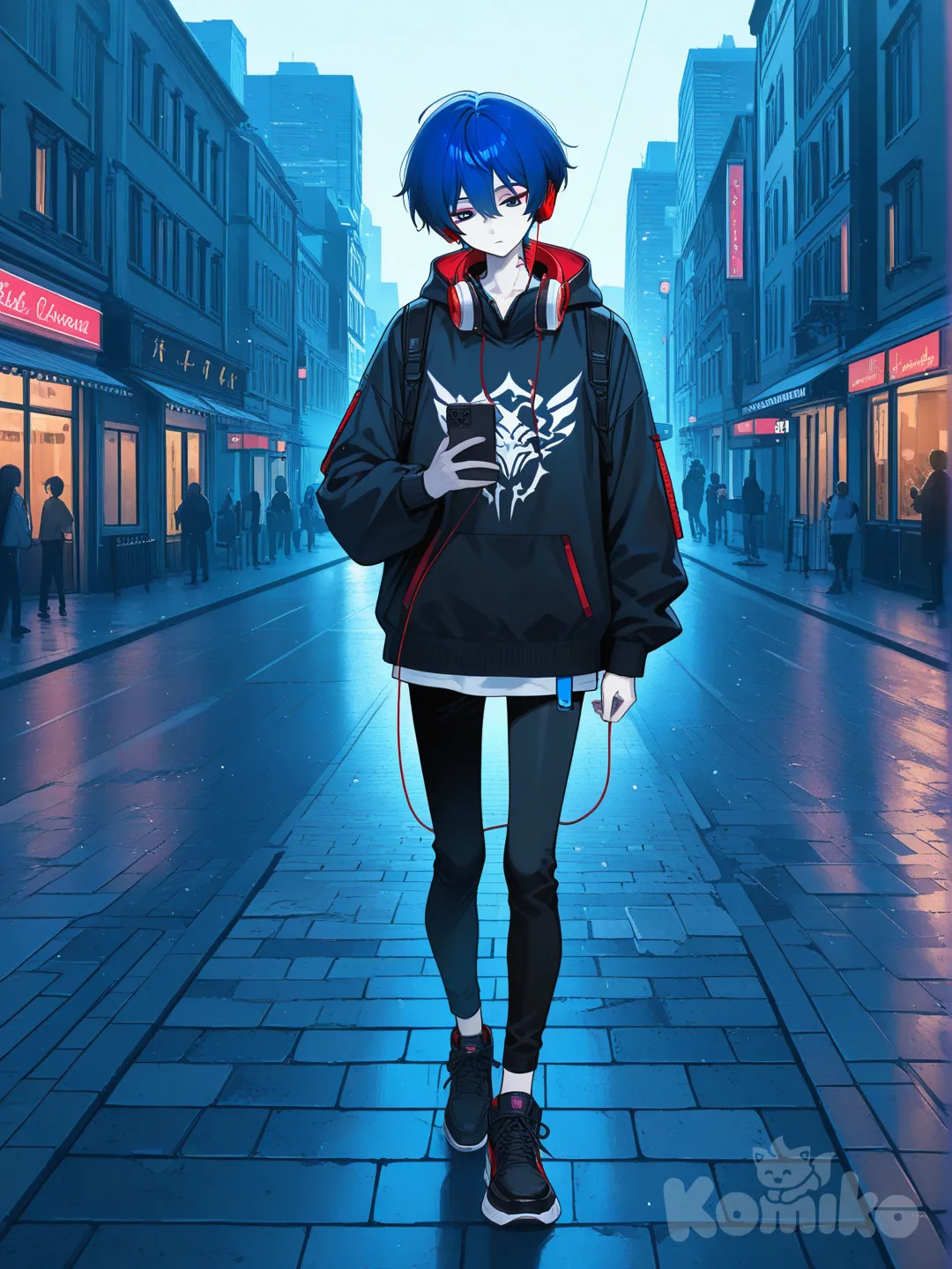 1boy skinny short blue hair , expressionless red eyeliner pale white skin,head down looking at phone walking in city with headphones
