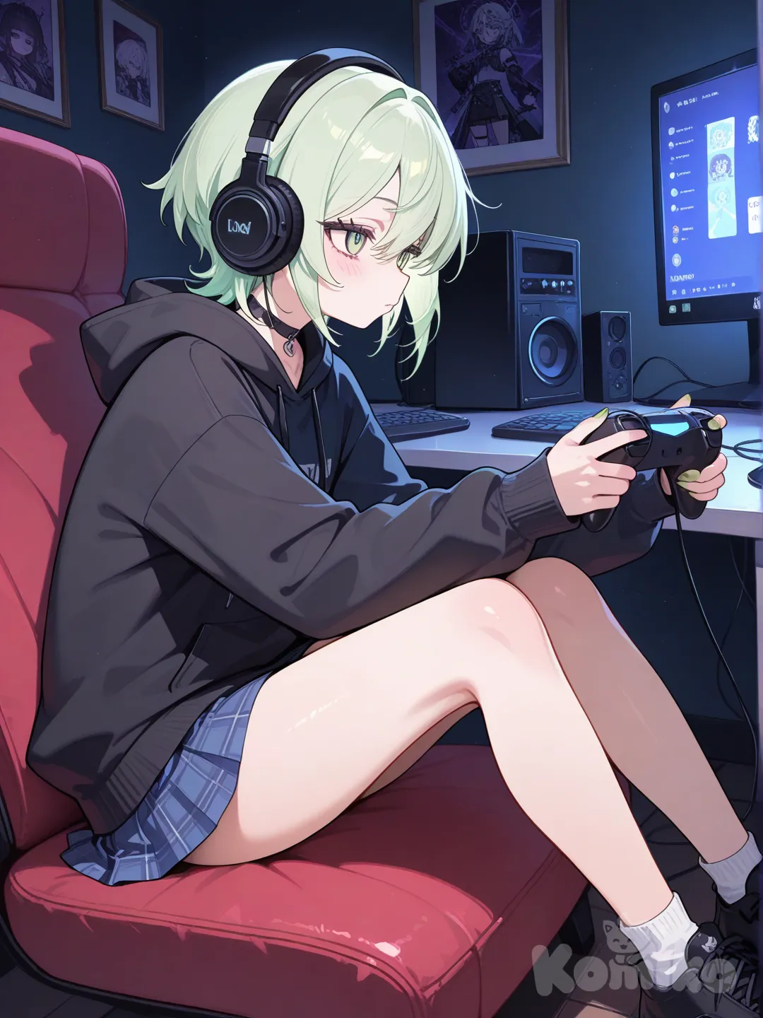 1girl skinny ,short light green hair black hoodie mini skirt gamer playing a video game headphones