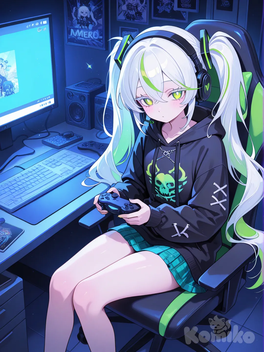 1girl skinny ,black hoodie mini skirt gamer playing a video game headphones , neon green, ivory white, twin tails