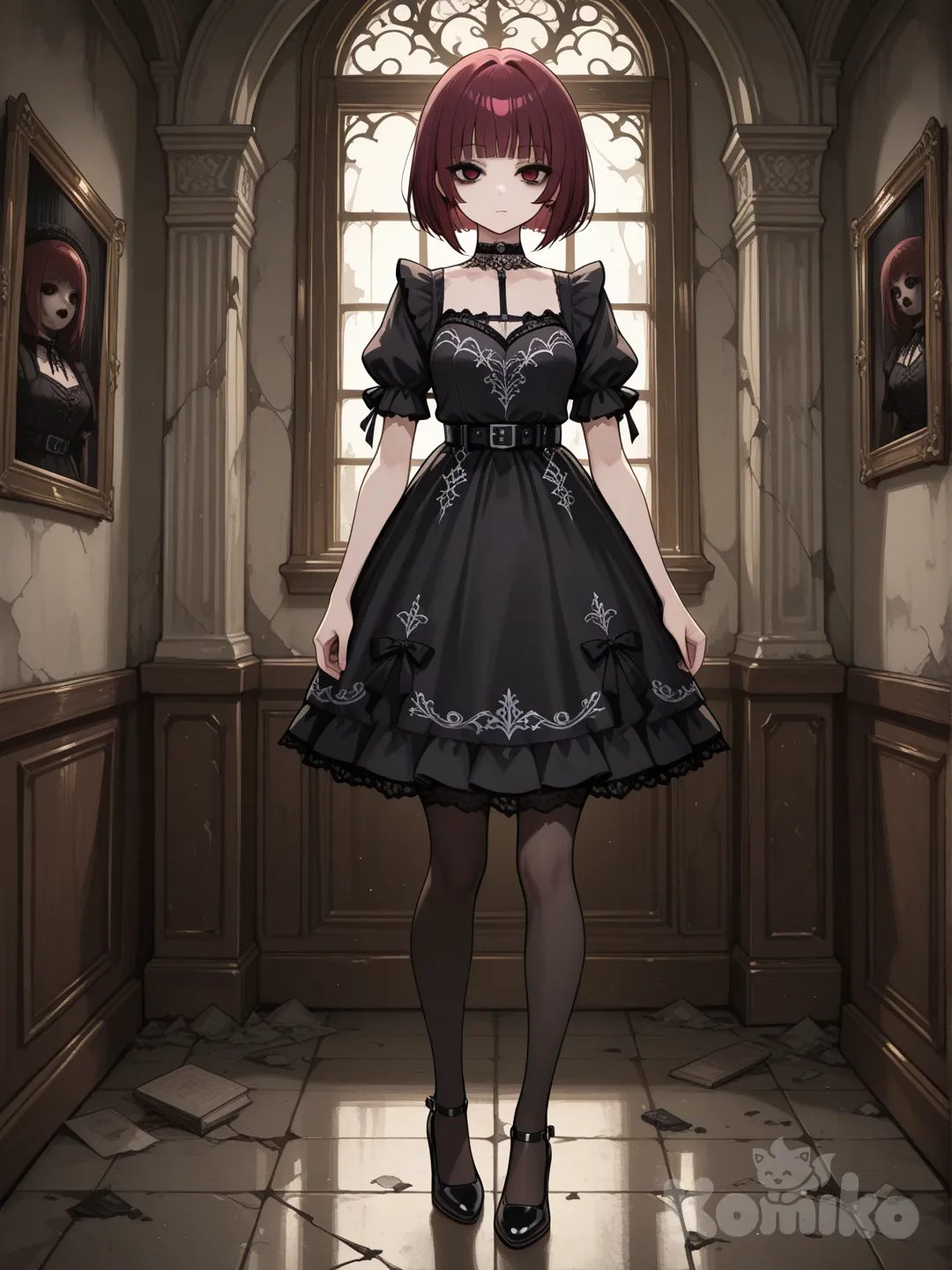 1girl, burgundy, straight bangs, bob cut, choker, lace, little black dress gothic shoer sleeves poofy sleeve in a creepy mansion , expressionless. , tights and black pumps, full body, looking at viewer