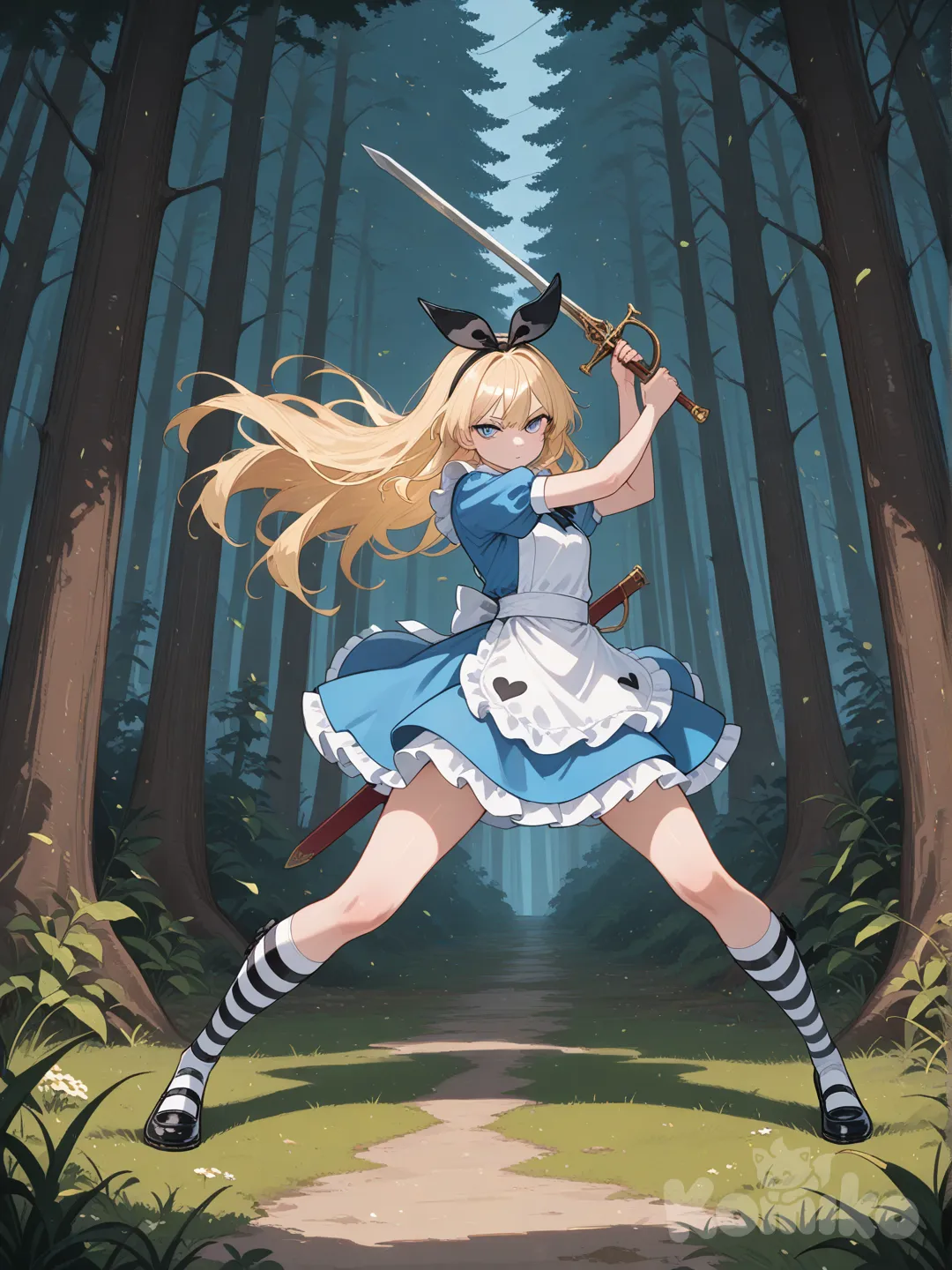 1girl long blond hair blue mini dress alice in wonderland alice with sword slaying jaborwocky , forest