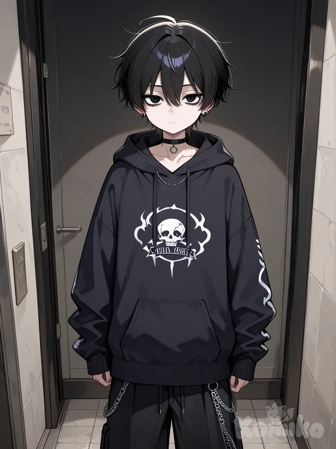 1boy young skinny short black hair full loose black hoodie black eyeliner controls monsters loose pants and choker