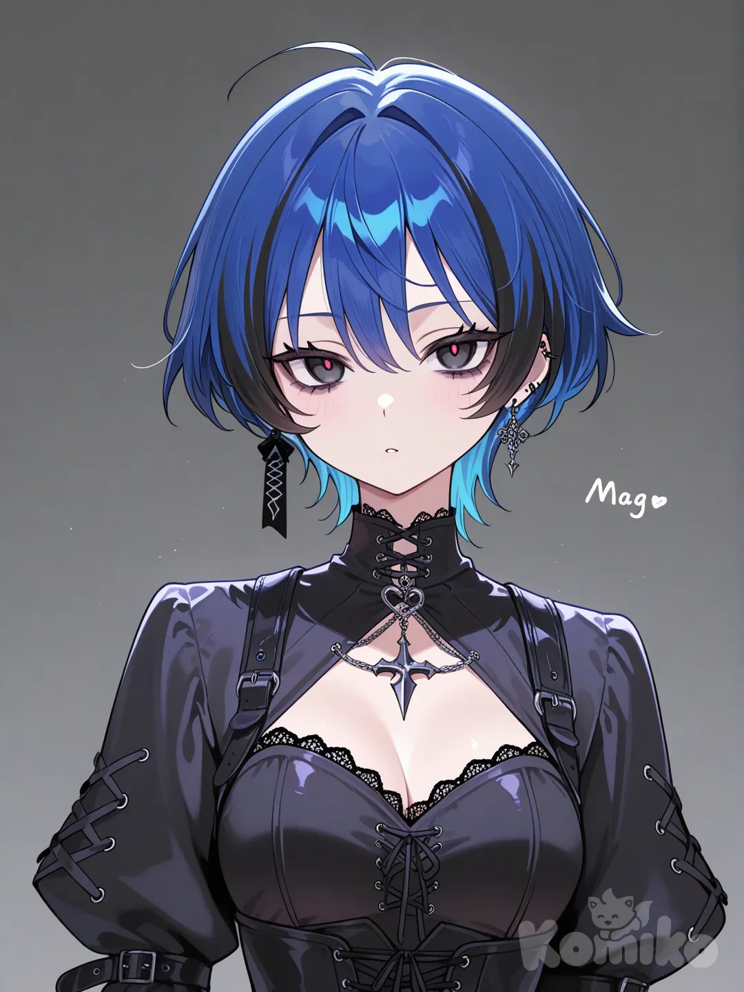 1girl short blue hair with black highlights modern mage goth