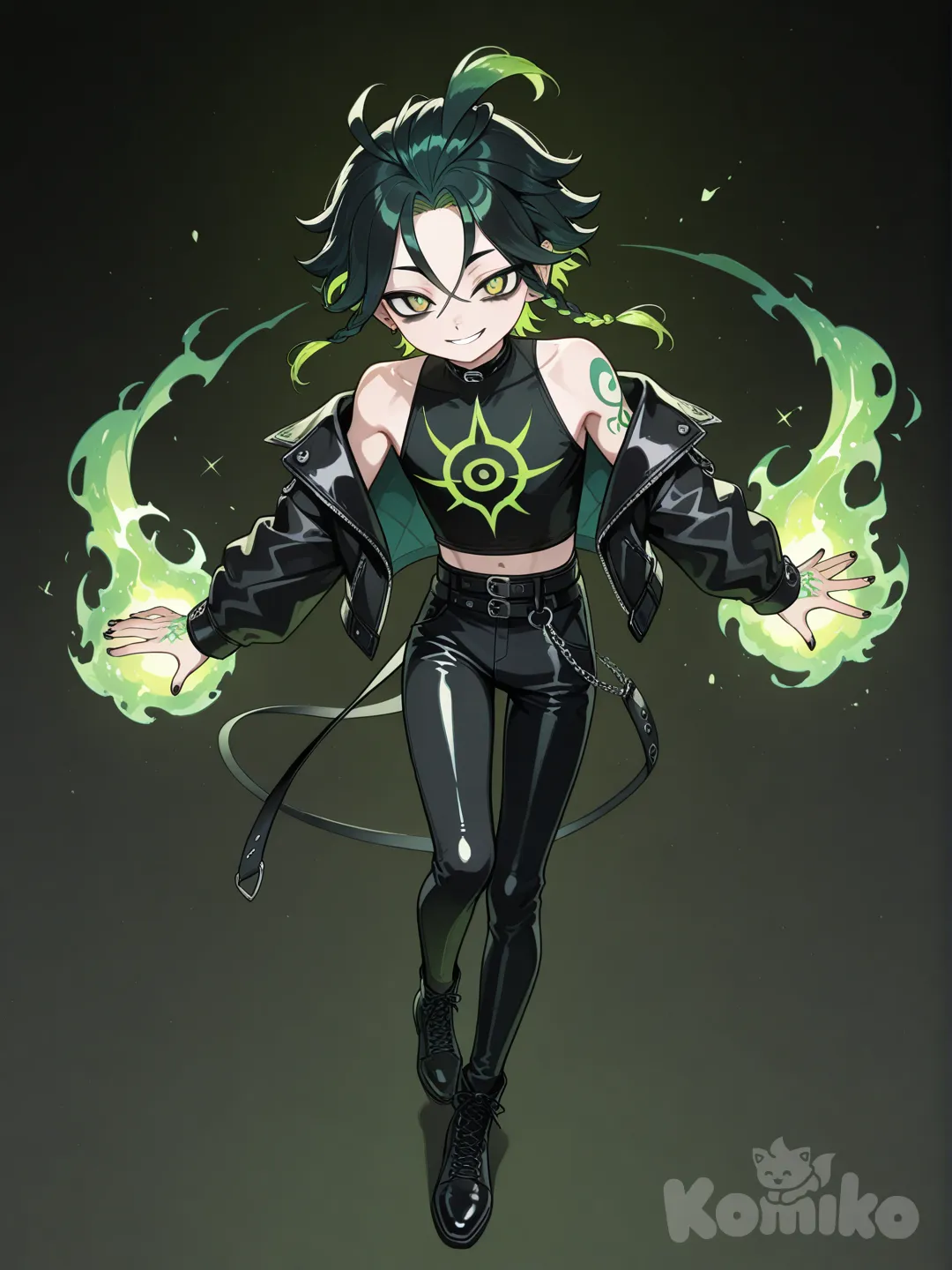 1boy 15 short green and black hair long leather jacket green magic black nail polish skinny young playful young loki black sleevles shirt