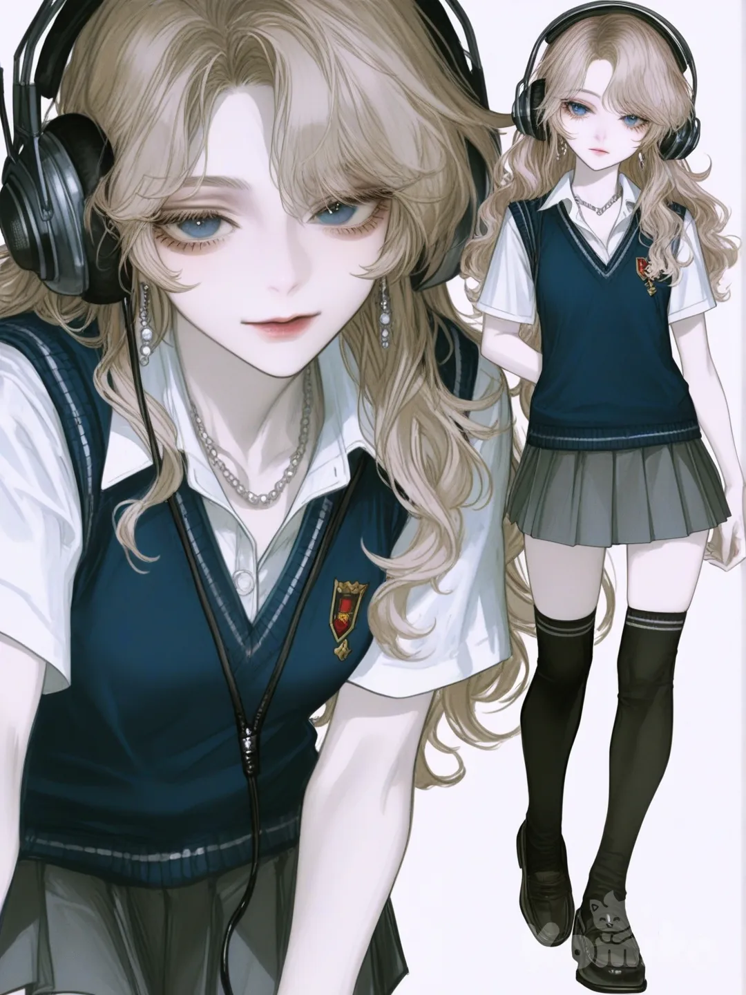 [semi-realistic-portrait-style] 1girl, solo, teenager, slim, curvy, short stature, wavy hair, white hair, blonde hair, blue eyes, pale skin, headphones, necklace, earrings, jewelry, diamonds, pearls, school uniform, pleated skirt, polo shirt, school vest, knee-high socks, single character, full body, looking at viewer, anime style, simple background, white background