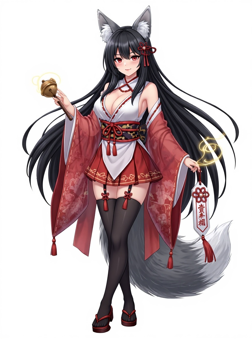 1girl, curvy, black hair, grey fox ears, grey fox tail, red eyes, fair skin, sexy miko outfit, single character, full body, looking at viewer, anime style, simple background, white background