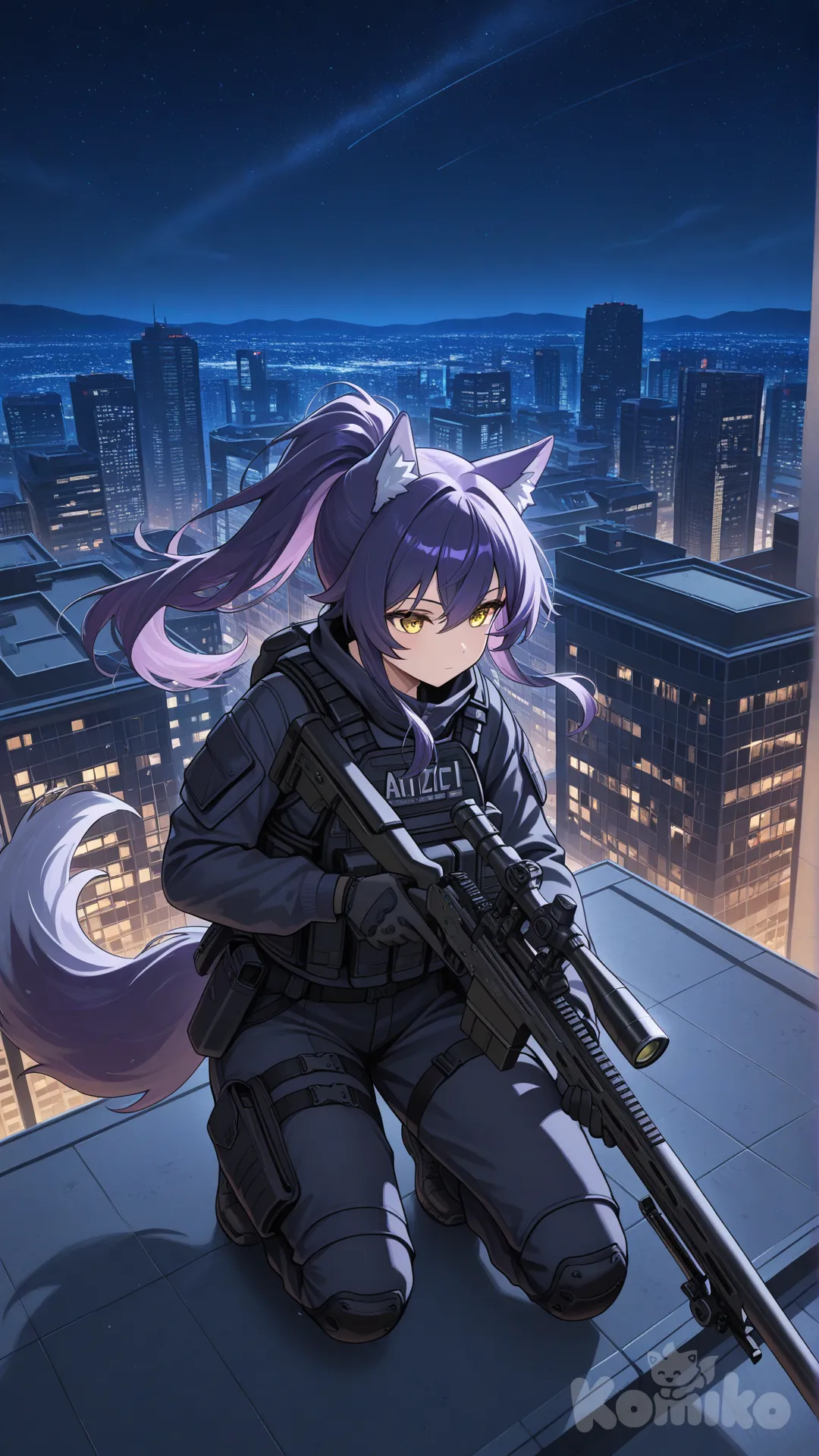 wolf ears, wolf tail, purple hair, yellow eyes, high ponytail, sniper rifle, building, rooftop, bulletproof vest, night sky, city lights