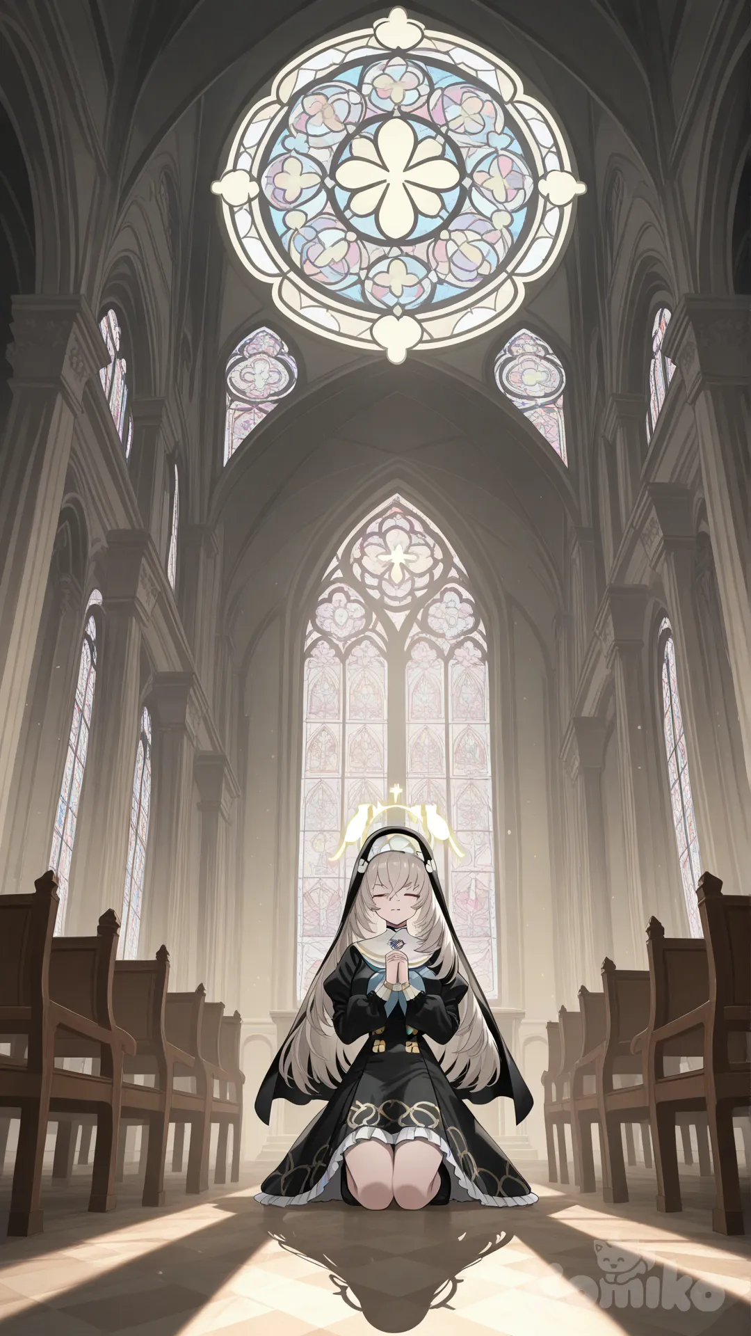 sakurako (blue archive), full body, tall female, church background, better light, far pov, praying