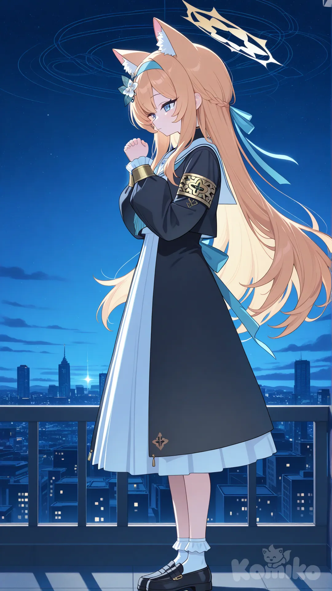 Iochi mari (blue archive), full body, tall female, top building, better light, side pov, praying, night conditions