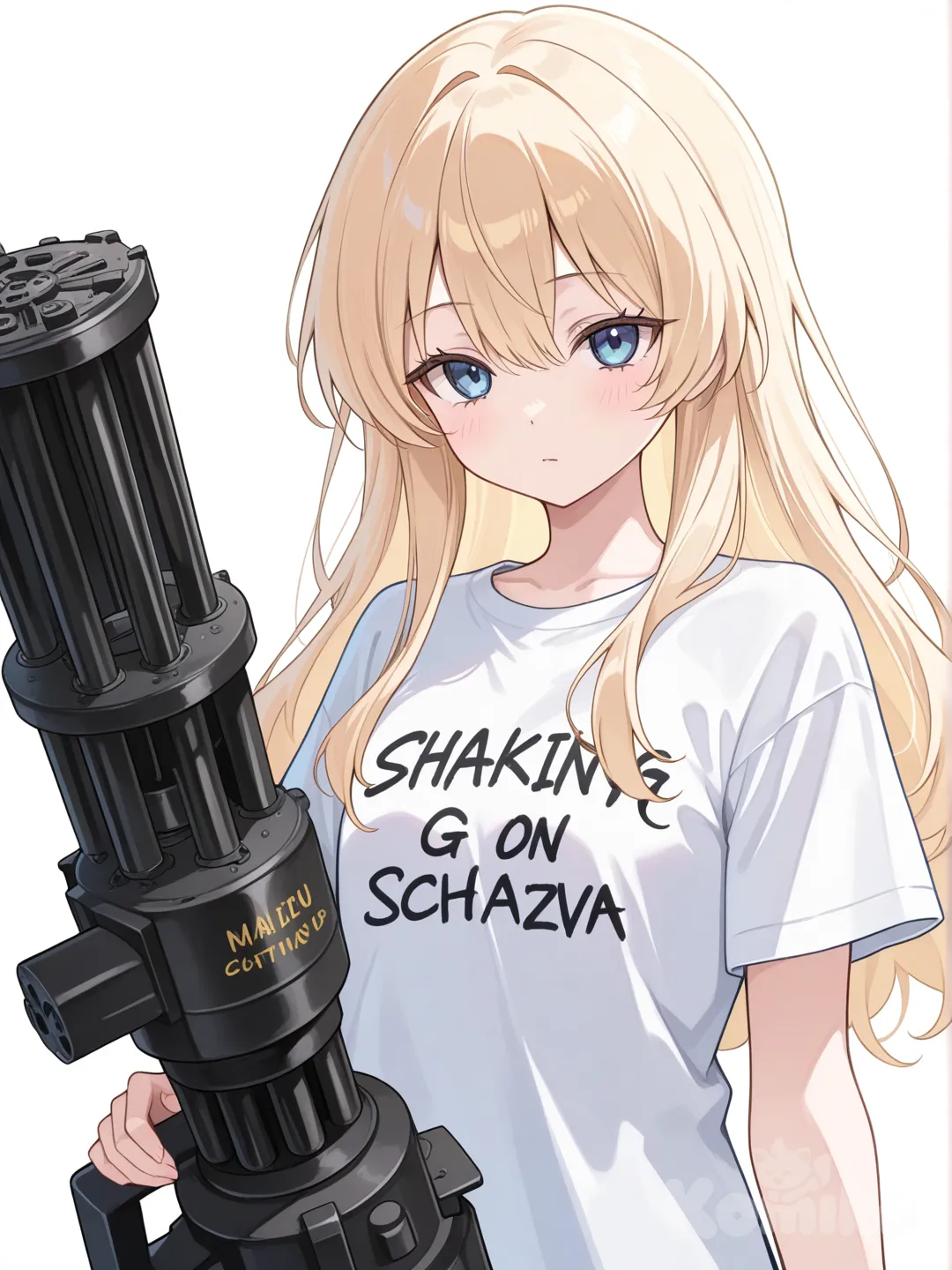 Une fille Au cheveux jaune et yeux bleu portant un t shirt écrit schekina elle a des petits yeux comme your forger avec un mini gen écrit en arrière plan schekina