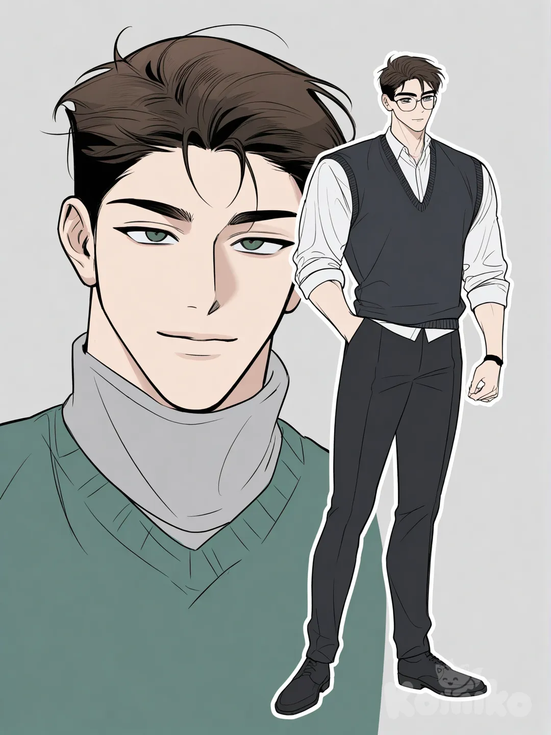 Boy with brown hair, styled back, short on the sides, clear face, no bangs, tan skin, green eyes, glasses, slim and toned body, office attire, perfect face. Smile, [muscular-manhwa-style], knitted vest, full body