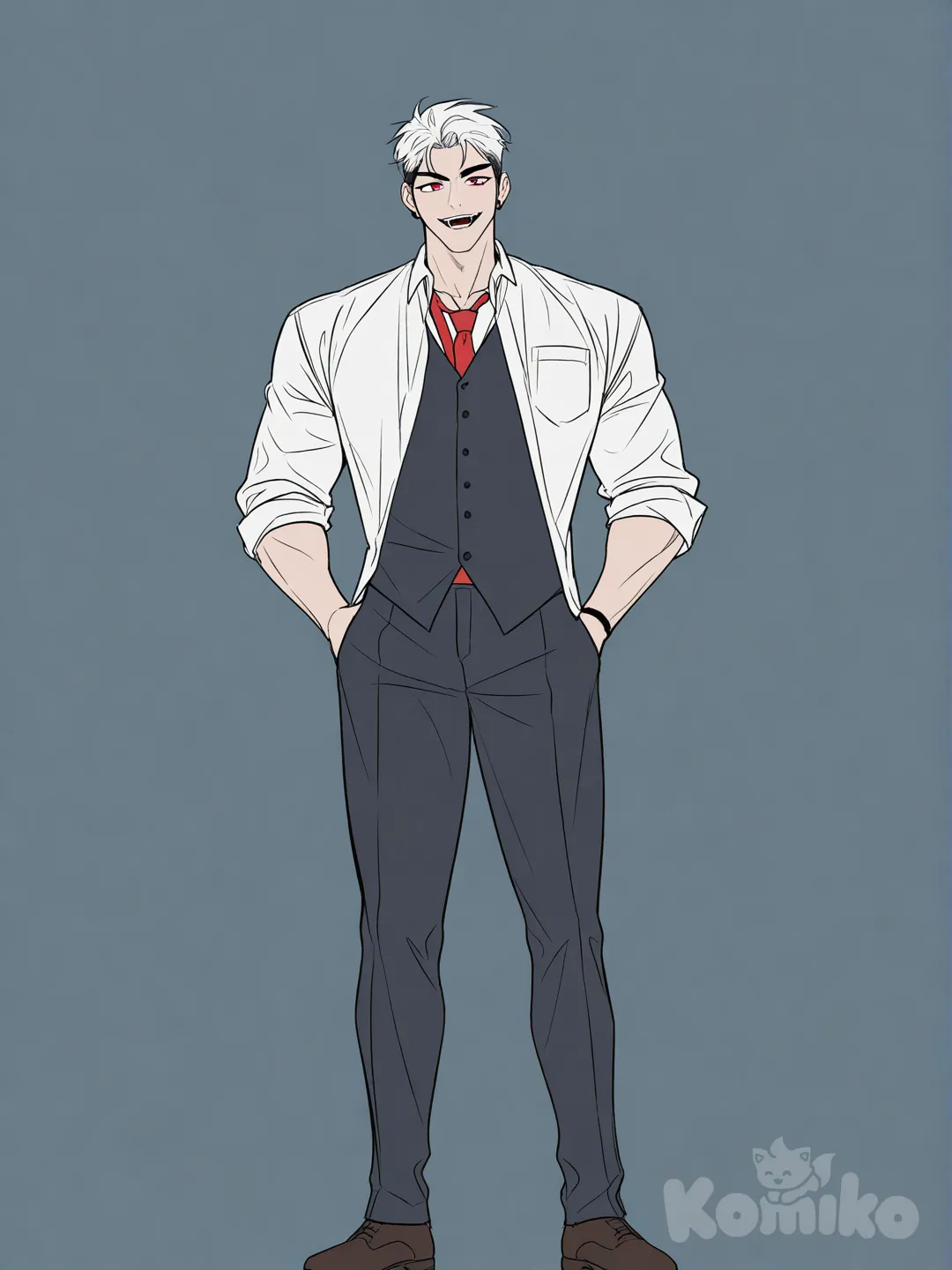 [muscular-manhwa-style] vampire boy, short hair on the sides, white hair, red eyes, school vest, full body