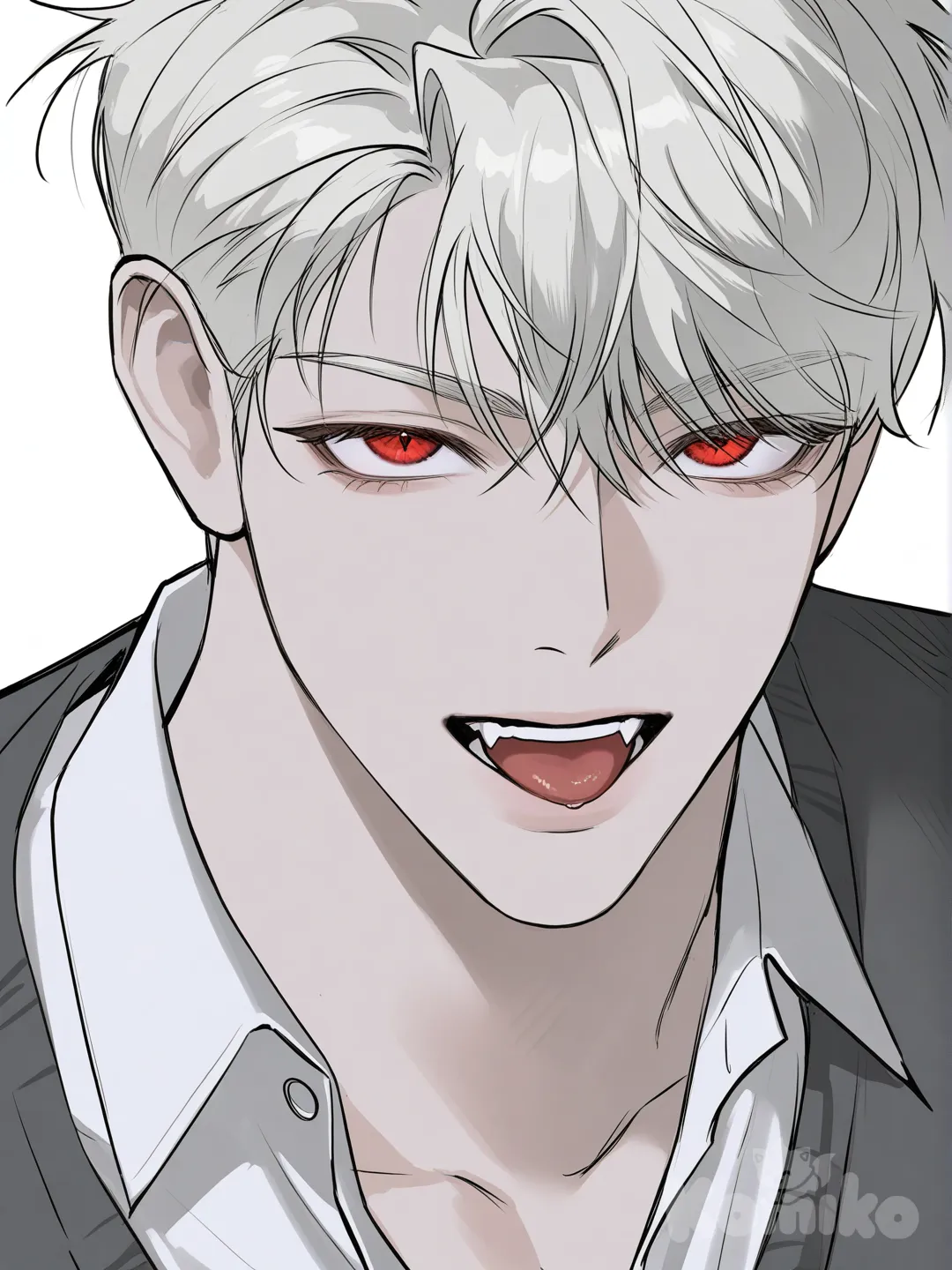 [muscular-manhwa-style] vampire boy, short hair on the sides, white hair, red eyes, school vest, upper body, looking at viewer, from above