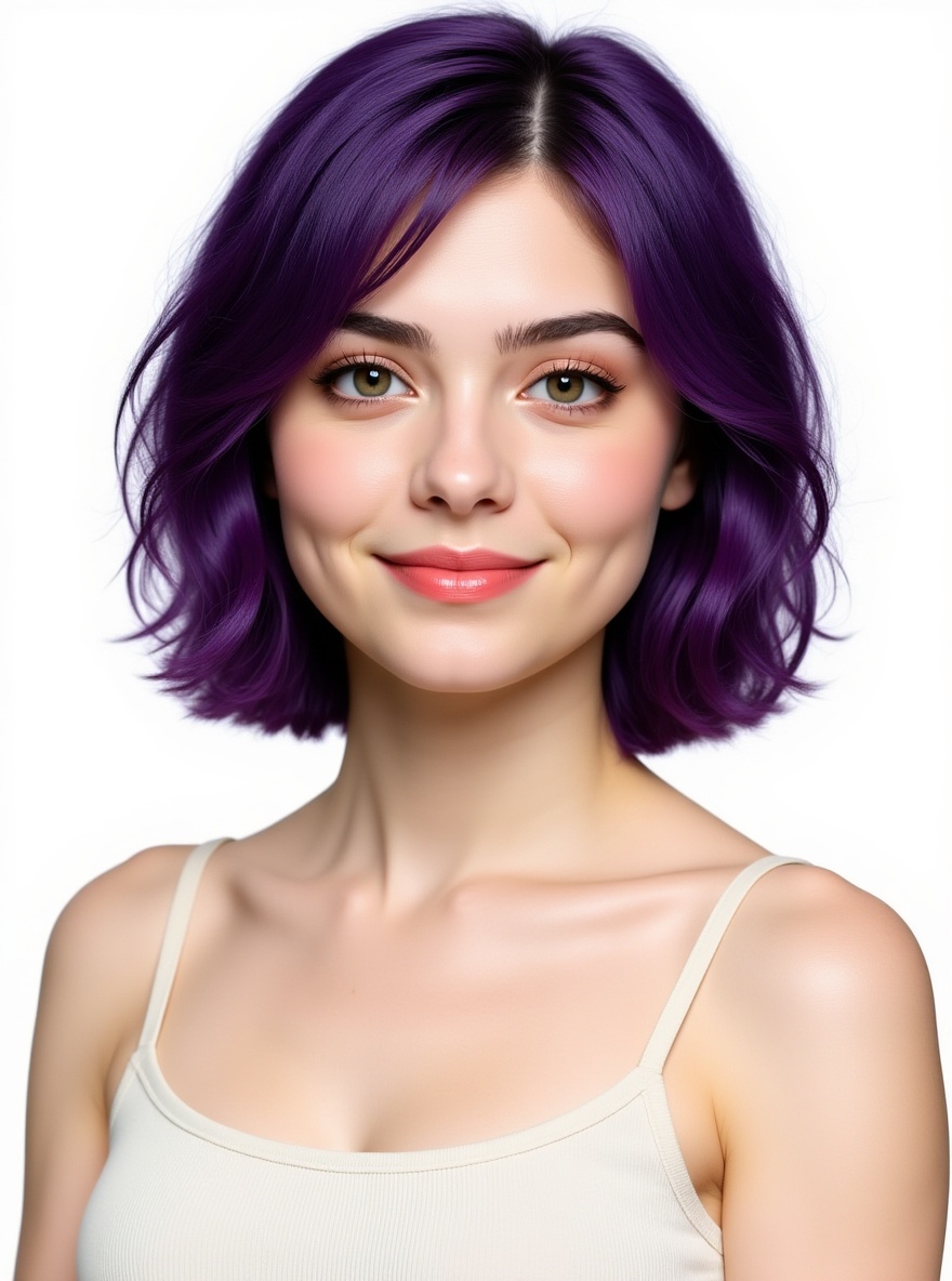 1girl, solo, teenager, portrait, hyperrealistic, ultra realism, fair skin, pink cheeks, natural lips, large expressive eyes, long eyelashes, soft makeup, purple hair, shoulder-length hair, wavy hair, slightly messy hair, hair framing face, tender expression, charming smile, subtly flirtatious, modern aesthetic, delicate, artistic, minimalist clothing, casual clothes, warm lighting, intimate setting, pink tones, amber tones, professional composition, skin texture, upper body, looking at viewer, simple background, white background