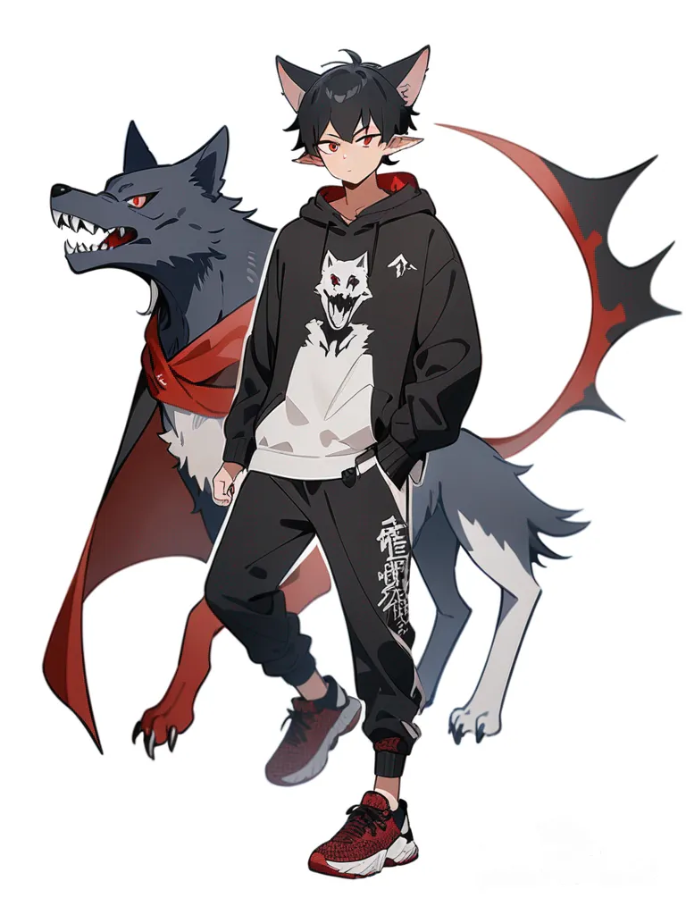 1boy, elf, demon, teenager, tall, scrawny, athletic, black hair, red eyes, fair skin, hoodie, wolf ears, single character, full body, looking at viewer, anime style, simple background, white background