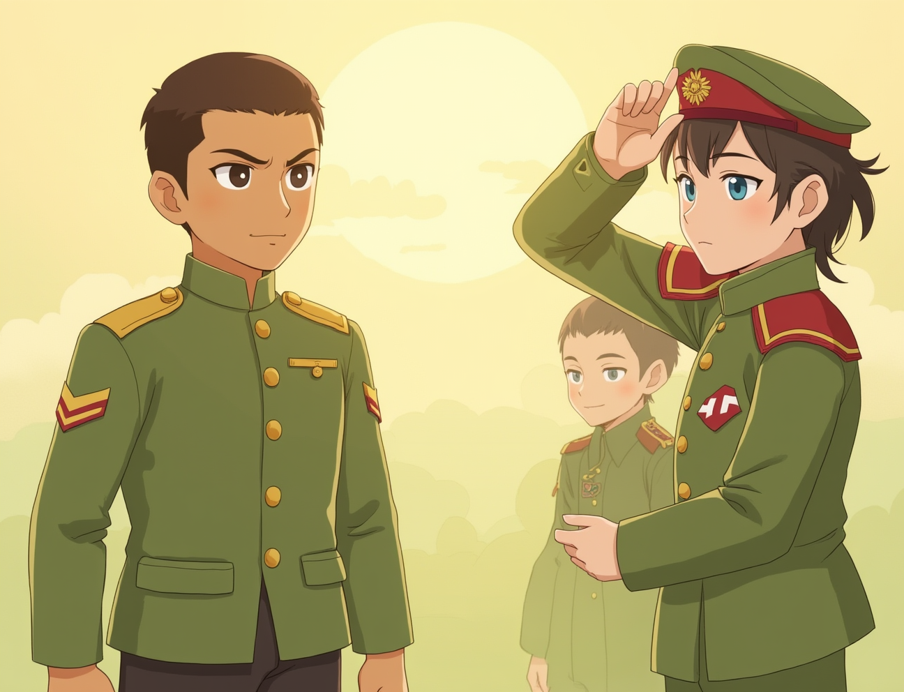 Character 0 is Sukarno, looks like Sukarno.
Character 1 is Pemuda Pejuang, description: A young Indonesian man in his early 20s with tan skin and short black hair. He wears a green military-style uniform and a red-white headband..
Sukarno emerges from the house, looking resolute. The sun is rising, casting a golden light. Pemuda Pejuang stands nearby, saluting, anime style with soft pastel color and soft lighting