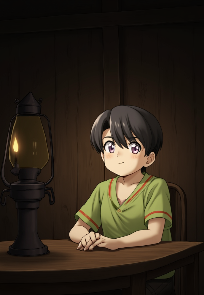 Character 0 is Sukarno, looks like Sukarno.
Inside a dimly lit room with wooden walls and a simple table. Sukarno sits at the table, looking intense. A kerosene lamp illuminates his face, anime style with soft pastel color and soft lighting