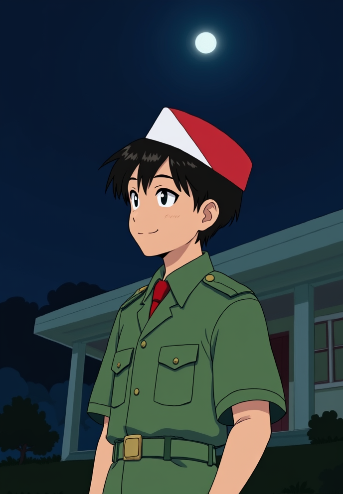 Character 0 is Pemuda Pejuang, description: A young Indonesian man in his early 20s with tan skin and short black hair. He wears a green military-style uniform and a red-white headband..
Pemuda Pejuang stands outside the house, keeping watch. The sky is dark, indicating early morning. He looks determined and alert, anime style with soft pastel color and soft lighting