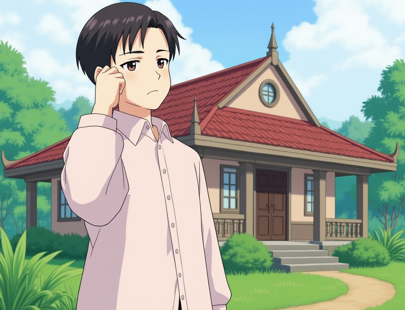 Character 0 is Sukarno, looks like Sukarno.
Sukarno stands in front of a traditional Indonesian house in Rengasdengklok. The background shows lush tropical vegetation and a cloudy sky. Sukarno looks concerned and thoughtful, anime style with soft pastel color and soft lighting
