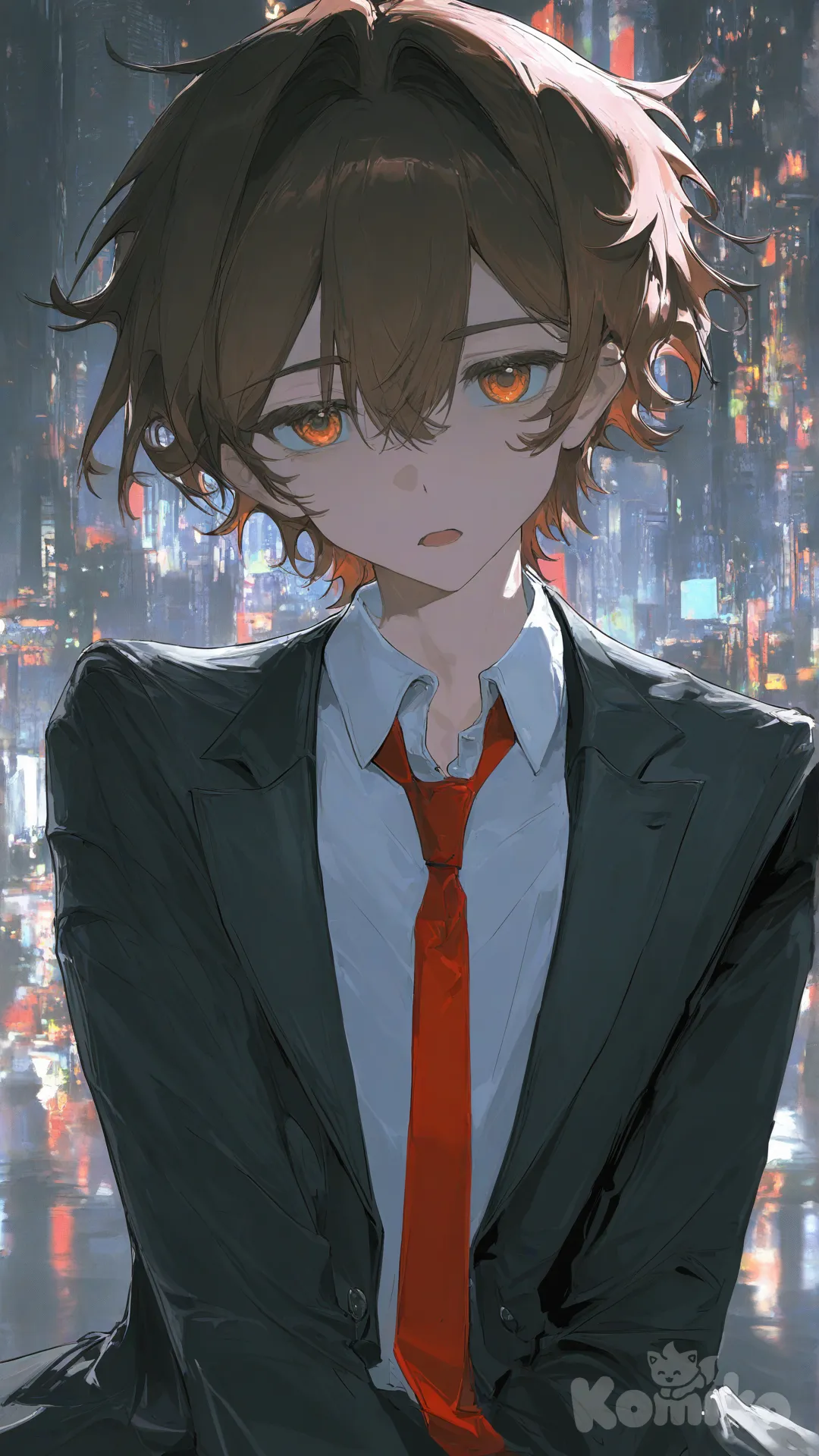 Confident, young man, brown hair, amber eyes, wearing black suit, unbuttoned suit, red tie, waist up, dark city background, colorful lights, Two Block Hair, urban atmosphere, lineart, [desaturated-illustration-style], soft shadow, cityscape, portrait, 1boy, head tilt, lying on stomach, disappointed, open mouth