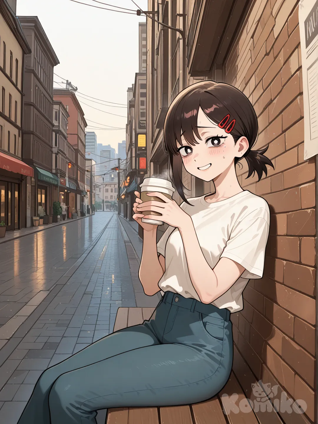 @Higashiyama_Kobeni,chilling with coffee in hand, urban background