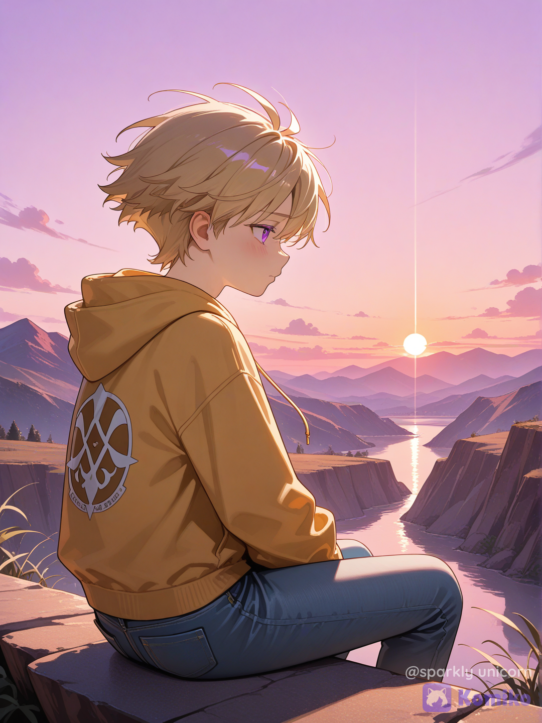 A lonely sad boy sitting quietly on the edge of a mountain cliff during sunset, watching the golden sun slowly disappear behind distant peaks. His face looks thoughtful and slightly broken, eyes reflecting the fading light. Soft wind blowing his hair, wearing a hoodie and jeans. The sky is painted with orange, pink, and purple hues, creating a calm but melancholic atmosphere. Vast mountains stretching endlessly in the background, with deep shadows forming as the light fades. Cinematic composition, moody lighting, 35mm film style, shallow depth of field, ultra-realistic, emotional tone, 9:16 aspect ratio.