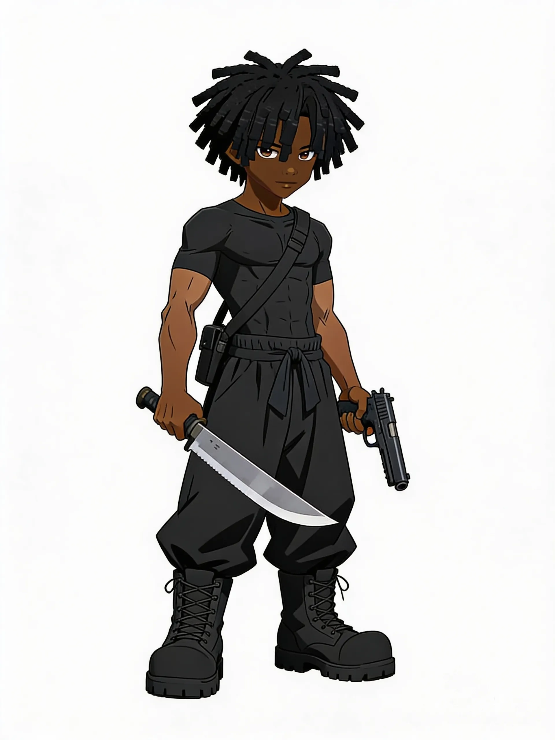 @Fushiguro_Touji make him brown skin with black dark eyes and evil stare make him have short thick dreads for his hairstyle. He wears all black has tight fit shirt like touji but has baggy black karate pants and he wears big black army boots he carry’s a big knife and gun make him anime style like @Fushiguro_Touji and have muscles but he is a teenager boy