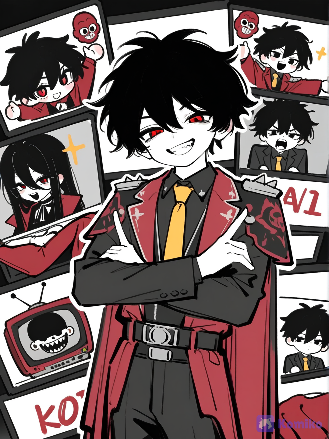 Tenna from deltarune, tv head, old TV head, red tailcoat suit jacket with shoulder pads, yellow tie, black belt, black dress pants, tv host, cool, funny, [soft-manga-pop-style]