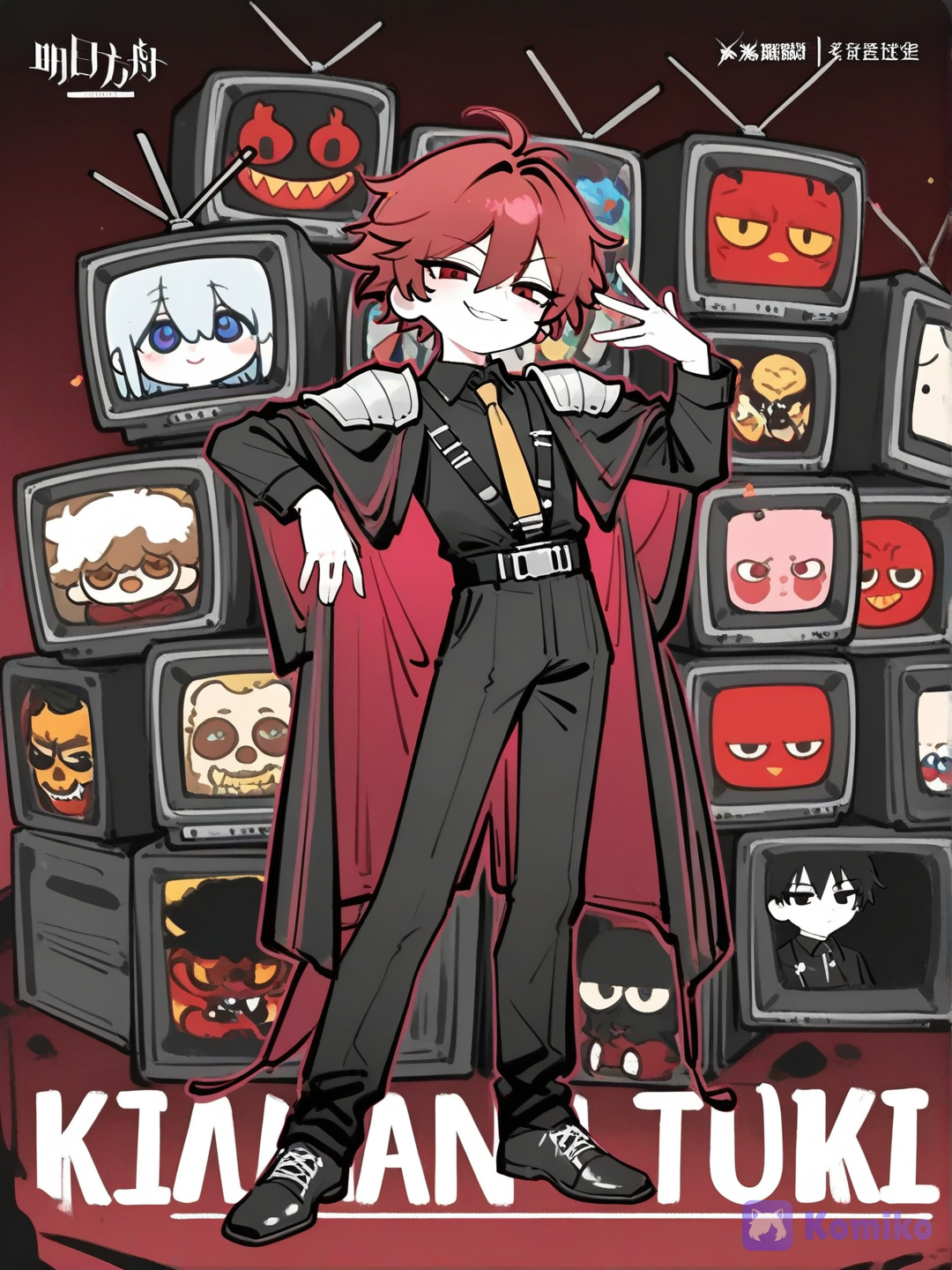 Tenna from deltarune, male, tv head, old TV head, red tailcoat suit jacket with shoulder pads, yellow tie, black belt, black dress pants, cool, funny, [soft-manga-pop-style]