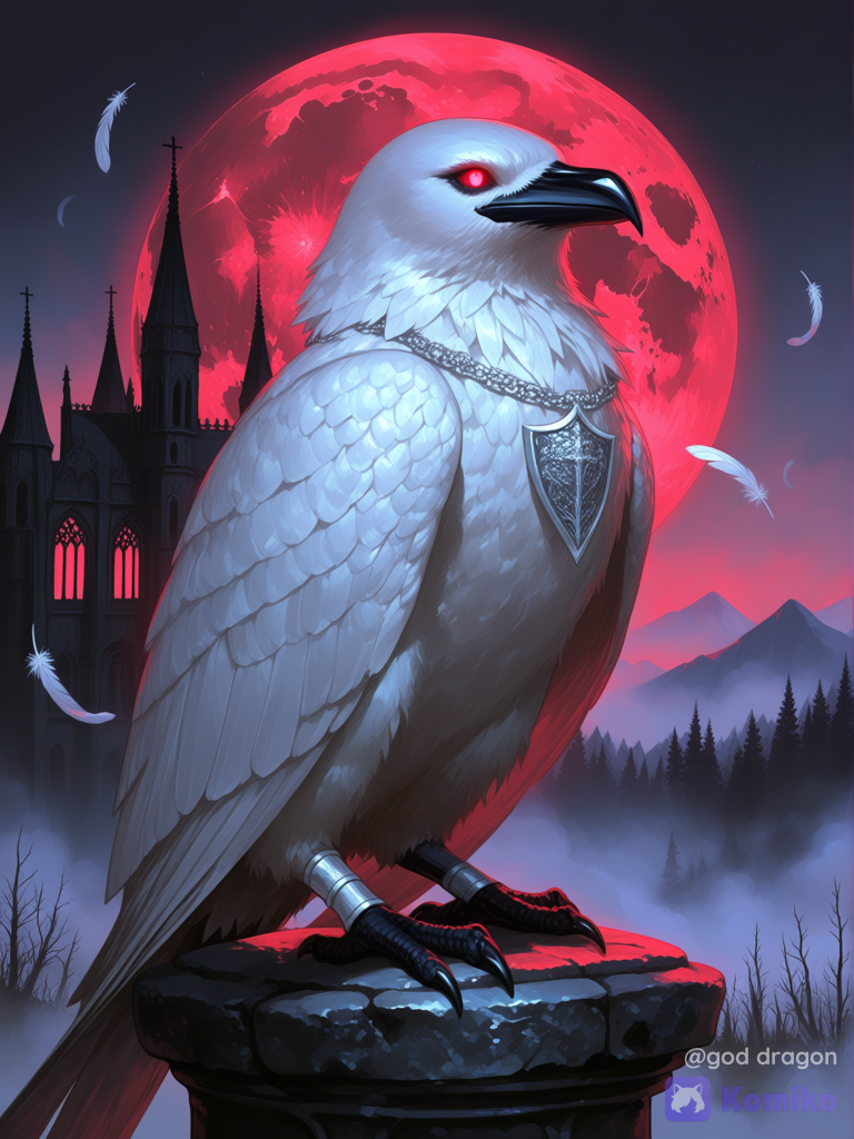 A majestic albino raven standing alone atop an ancient gothic gargoyle beneath a blood-red moon. His pristine white feathers are flawless, layered, and incredibly softly reflecting the pale moonlight with a subtle silver sheen. His piercing crimson eyes glow with supernatural intelligence, watching the world with calm, ancient wisdom. A sharp obsidian-black beak and powerful black talons contrast beautifully against his snowy plumage. Around one leg is an elegant silver band engraved with the crest of the forgotten House Nachtravyn. Wisps of black mist and drifting white feathers surround him, hinting at his connection to forbidden shadow magic. Behind him rise towering gothic castle spires, ruined cathedrals, dead forests, and distant mountains veiled in eternal fog. The atmosphere is dark, mysterious, and noble rather than frightening. Cinematic composition, dramatic moonlight, gothic fantasy, highly feathers, quality, ultra realistic feather texture, fantasy illustration, elegant, mystical, regal, silent guardian. A realistic albino raven, a normal bird, not humanoid, not anthropomorphic, true raven anatomy. A large white raven with pristine white feathers, glowing crimson eyes, a sharp black beak, black talons, and a silver leg band engraved with an ancient crest. Perched alone on a weathered gothic gargoyle beneath a crimson moon, surrounded by drifting fog and gothic castle spires. Dark fantasy atmosphere, highly feathers, realistic bird anatomy, majestic, intelligent gaze, cinematic lighting, [sweet-painting-style][ethereal-fantasy-style]