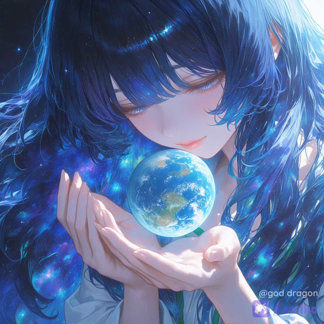 "Close-up, hyperrealistic digital painting of Gaia, a titanic primordial goddess, holding the Earth in her cupped hands. Her eyes are nebulae swirling with countless galaxies, and her vast, cascading hair is a breathing tapestry of the cosmos, with stars, planets, and stardust flowing within it like a river. She looks down at the tiny, fragile Earth with a look of immense, protective tenderness. The sunlight catches the blue oceans and green continents of the planet, which rests in her palms. The scale is monumental, and the depth of her cosmic being is overwhelming. Shot on a Canon EOS R5 with a 50mm f/1.4 lens.", [sensual-glossy-style]