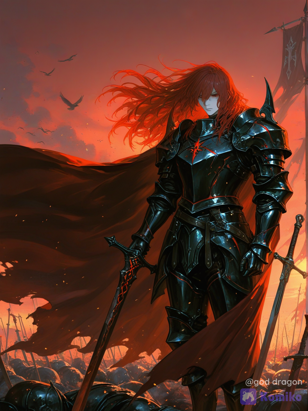 Epic dark fantasy illustration of Medici, a tall and imposing warrior with long flowing crimson-red hair whipping in the wind, sharp red eyes, pale skin and a confident commanding expression. He wears intricate black ornate armor with red accents, chains dangling from his body, and a flowing red cape. He stands on a high rocky outcrop in the middle of a massive battlefield, raising a long elegant sword high in the air while pointing forward, leading an endless army of millions of heavily armored soldiers stretching to the horizon. The soldiers behind him carry banners and spears, marching under a dramatic blood-red sky filled with smoke, flying embers and crows. Intense cinematic lighting, volumetric atmosphere, epic scale, dynamic composition, highly armor and hair, dramatic shadows, style of high-quality digital painting, 8k --ar 2:3 --stylize 250, [sensual-glossy-style]
