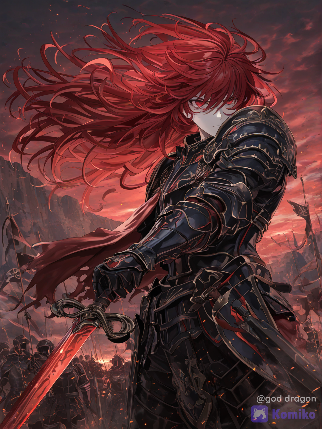 Epic dark fantasy illustration of Medici, a tall and imposing warrior with long flowing crimson-red hair whipping in the wind, sharp red eyes, pale skin and a confident commanding expression. He wears intricate black ornate armor with red accents, chains dangling from his body, and a flowing red cape. He stands on a high rocky outcrop in the middle of a massive battlefield, raising a long elegant sword high in the air while pointing forward, leading an endless army of millions of heavily armored soldiers stretching to the horizon. The soldiers behind him carry banners and spears, marching under a dramatic blood-red sky filled with smoke, flying embers and crows. Intense cinematic lighting, volumetric atmosphere, epic scale, dynamic composition, highly armor and hair, dramatic shadows, style of high-quality digital painting, 8k --ar 2:3 --stylize 250, [ethereal-fantasy-style]