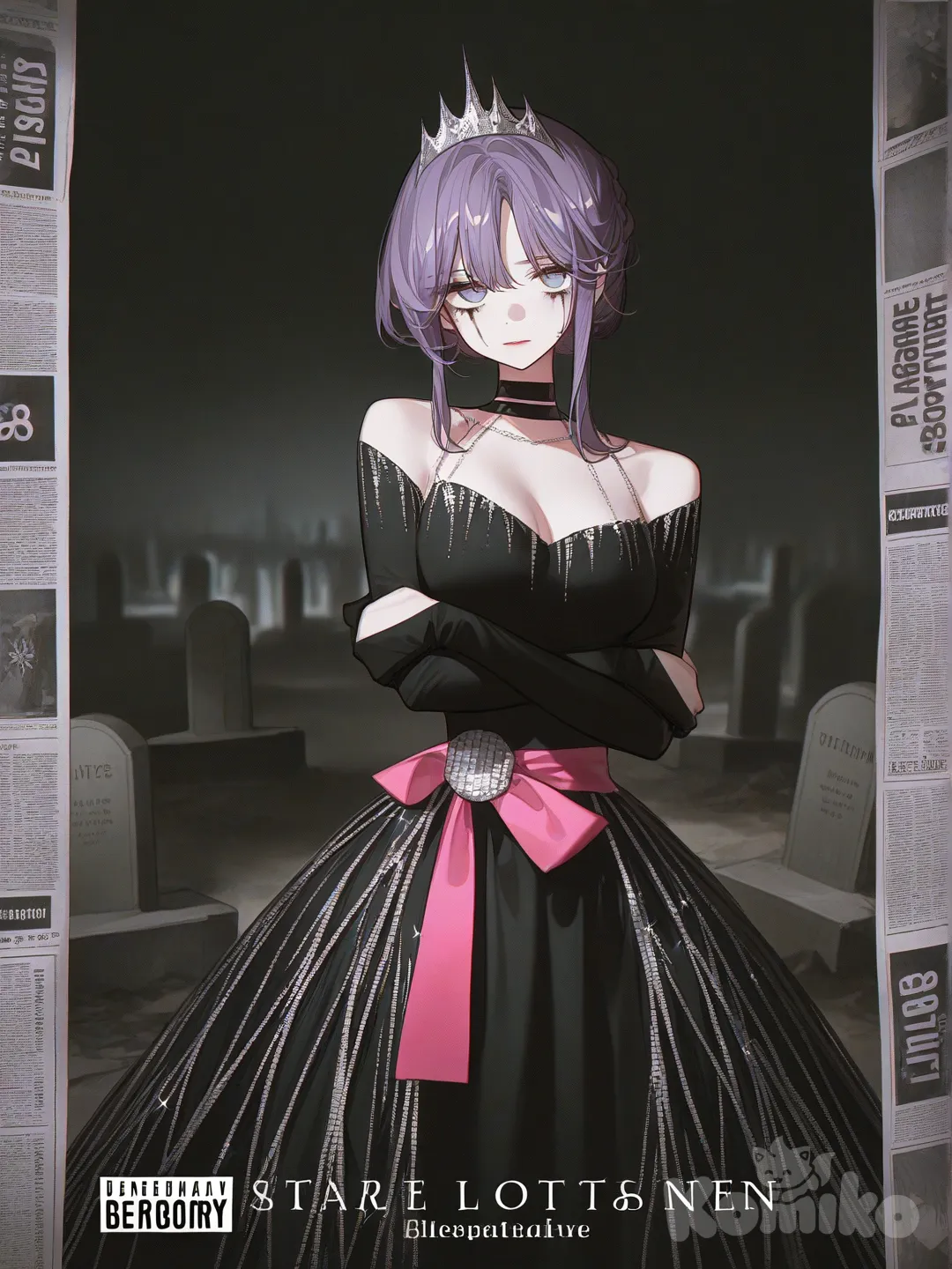 [high-contrast-glossy-style]

🖼️ Image Description: “MISS UNDERSTOOD” — A Reputation in Ruins
The image centers on a striking woman posed like a dethroned beauty queen, her expression caught between defiance and devastation. She wears a sparkling black dress that clings to her figure like armor, sequins catching the light in jagged bursts. Her tiara, slightly askew, glints with a tarnished elegance — more battle-worn than celebratory. Across her chest, a pink satin sash boldly reads “MISS UNDERSTOOD” in capital letters, the font playful yet biting, as if mocking the very idea of pageantry.

Her makeup is smeared, not in a theatrical way but in a raw, emotional aftermath — mascara streaks trailing like bruises of betrayal, lipstick blurred at the edges like a silenced scream. Her gaze is direct, almost confrontational, as if daring the viewer to believe the headlines behind her.

The background is a chaotic collage of newspaper clippings, each one screaming a different label:

“LIAR” in bold black

“DISASTER” in cracked red

“SAVIOR” in hopeful blue

“FRAUD” in jagged white

“SAIEEN” — cryptic, possibly a name or slur, printed in distorted type

These words swirl around her like accusations and contradictions, forming a storm of public opinion. At the top, in bold, almost tombstone-like lettering, the phrase “Here Lies FLORENCE’S REPUTATION” looms — a eulogy, a verdict, a headline.

In the bottom corner, a Parental Advisory sticker has been added — classic black-and-white, like those found on explicit music albums. It reads: “PARENTAL ADVISORY: PUBLIC OPINION MAY BE HAZARDOUS TO YOUR MENTAL HEALTH” This sticker reframes the image as a cautionary tale — a commentary on media, fame, and the fragility of identity under scrutiny.