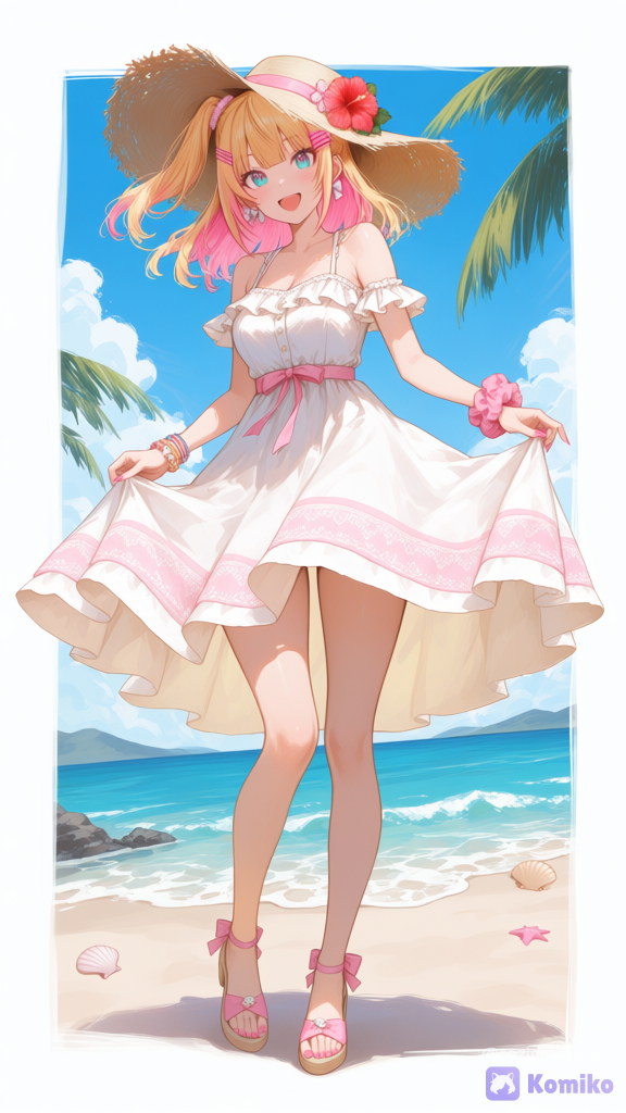 @kirina-yukase-E0xB, sun hat, sun dress, frilled sleeves, ribbon, seashell, beach, elegant, dynamic pose, palm tree, hibiscus accessories, perfect proportions, elegant, anime coloring, smile, light blush, open mouth, ethereal lighting, expressive eyes, [brushstroke-portrait-style]