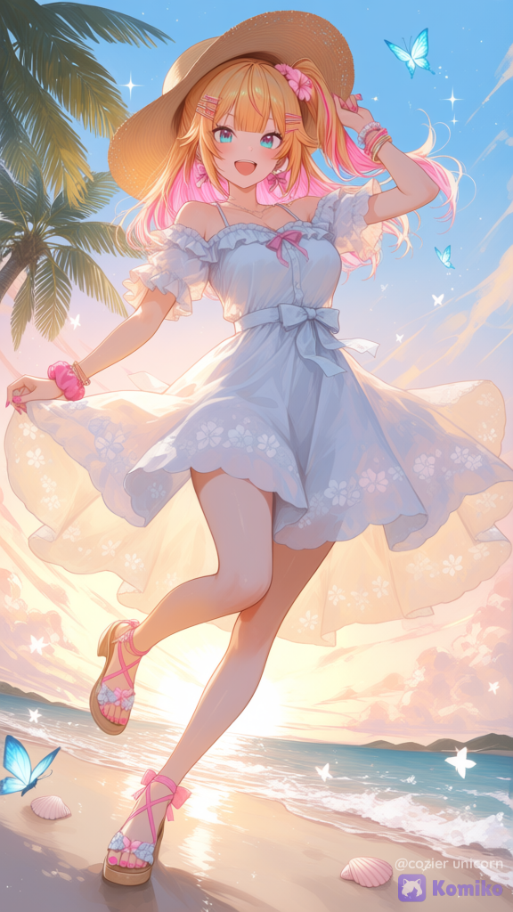 @kirina-yukase-E0xB, sun hat, sun dress, frilled sleeves, ribbon, seashell, beach, elegant, dynamic pose, palm tree, hibiscus accessories, perfect proportions, elegant, anime coloring, smile, light blush, open mouth, ethereal lighting, expressive eyes, butterfly, [brushstroke-portrait-style]