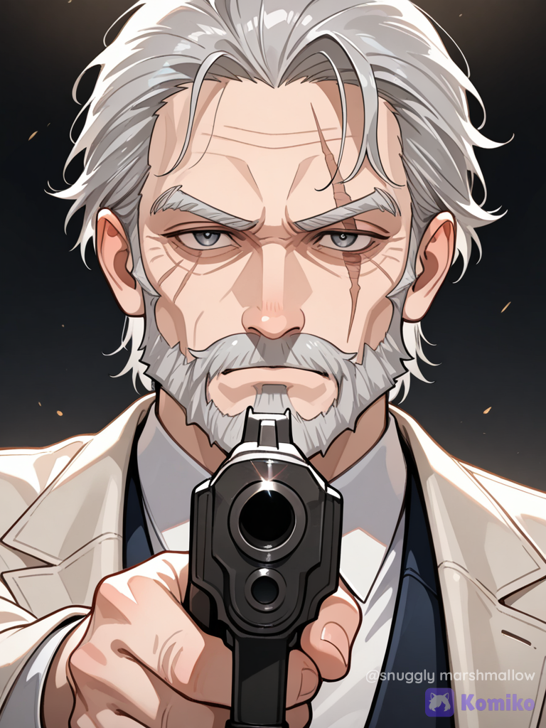 A gray haired man whith a skar on his eye and he has a cain and a gun pointing at the camra