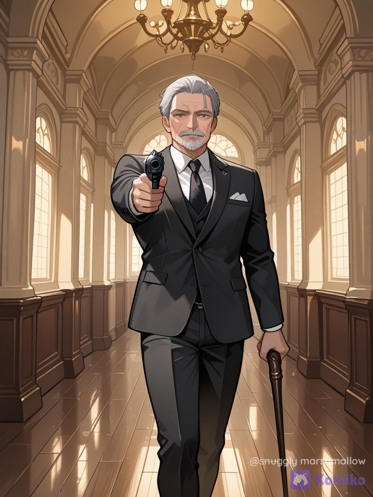 A gray haired man whith a skar on his right eye and he has a cain and a gun pointing at the camra in a posh environment or house