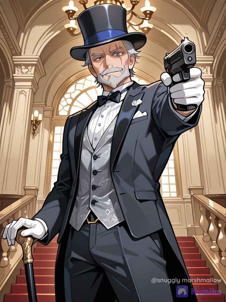 A gray haired man whith a skar on his right eye and he has a cain, top hat and a gun pointing at the camra in a posh environment or house