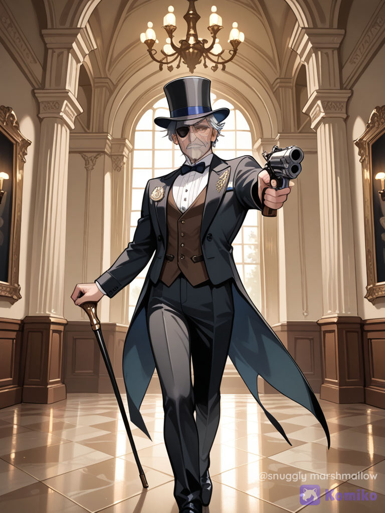 A gray haired man whith a skar on his right hand eye and he has a cain, top hat and a gun pointing at the camra in a posh environment or house