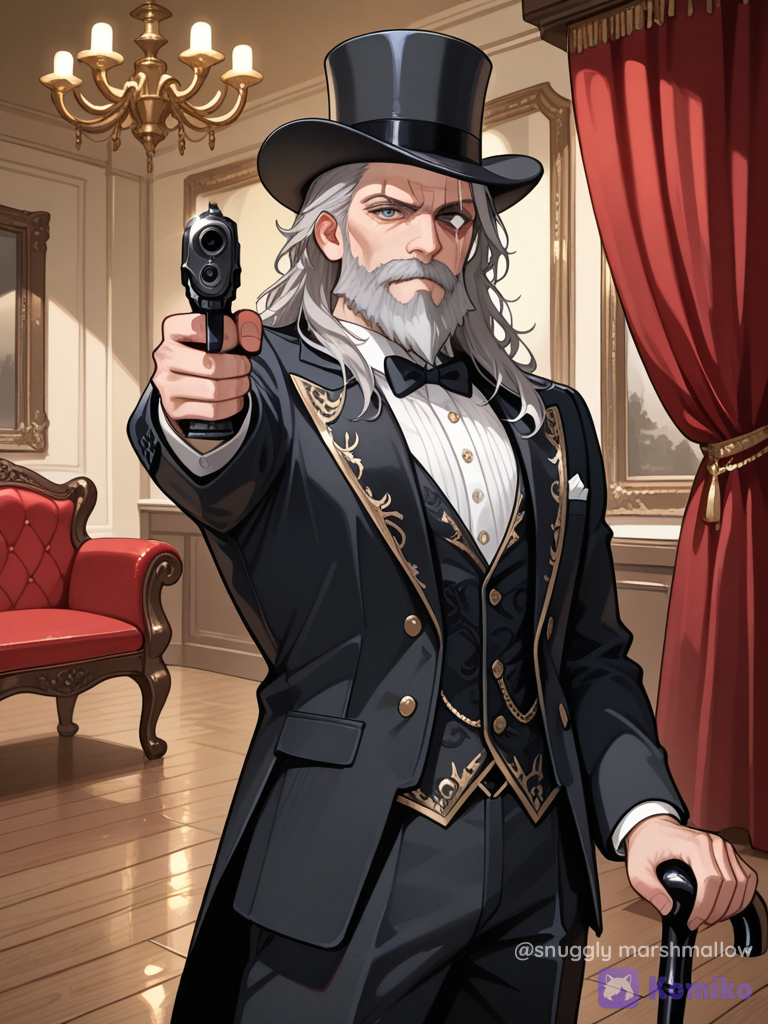 A gray haired (and a beard) man whith a skar on his right hand eye and he has a cain, top hat and a gun pointing at the camra/man in a posh environment or house