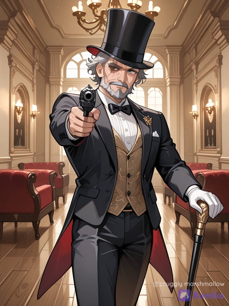 A gray haired (and a beard) man whith a skar on his right hand eye and he has a cain, top hat and a gun pointing at the camra in a posh environment or house