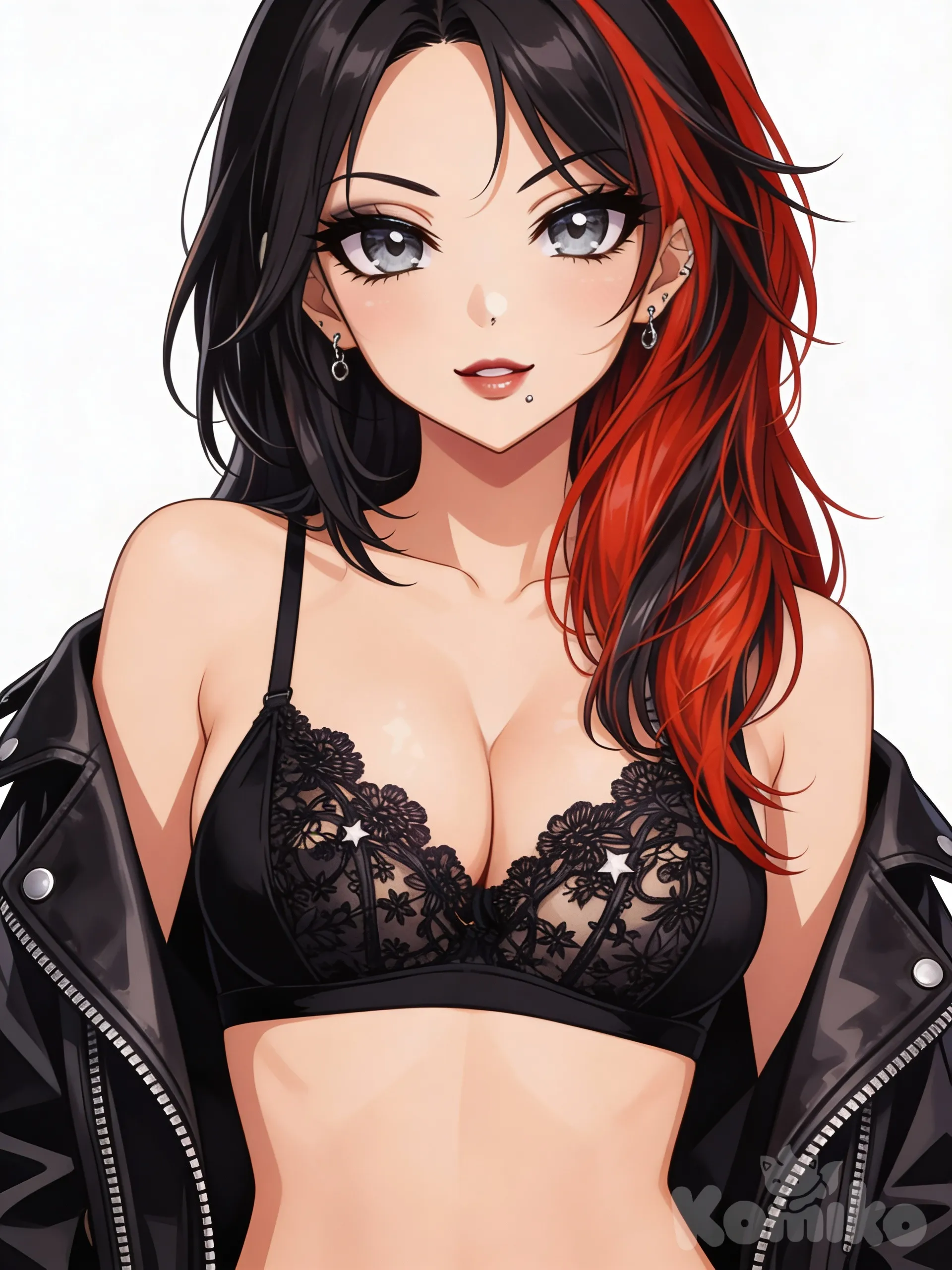 expressive eyes, perfect face1girl, breasts, solo, multicolored_hair, cleavage, makeup, blue_hair, eyeshadow, bra, looking_at_viewer, underwear, long_hair, red_hair, large_breasts, black_bra, parted_lips, jacket, lip_piercing, grey_eyes, lipstick, lips, zipper, eyeliner, gradient_hair, nose_piercing, upper_body, ear_piercing, open_clothes, two-tone_hair, jewelry, earrings